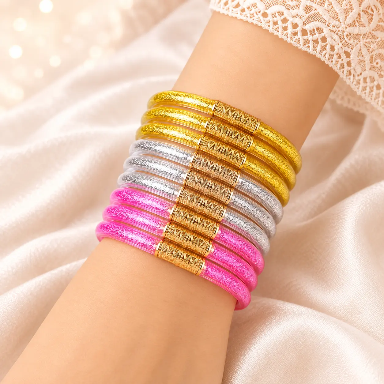 Women's 9 Piece Glitter Jelly Bracelet Set Sparkling Lightweight Flexible Stackable Bangles with Serenity Prayer Design for Women Everyday Wear Summer Party Birthday Gift