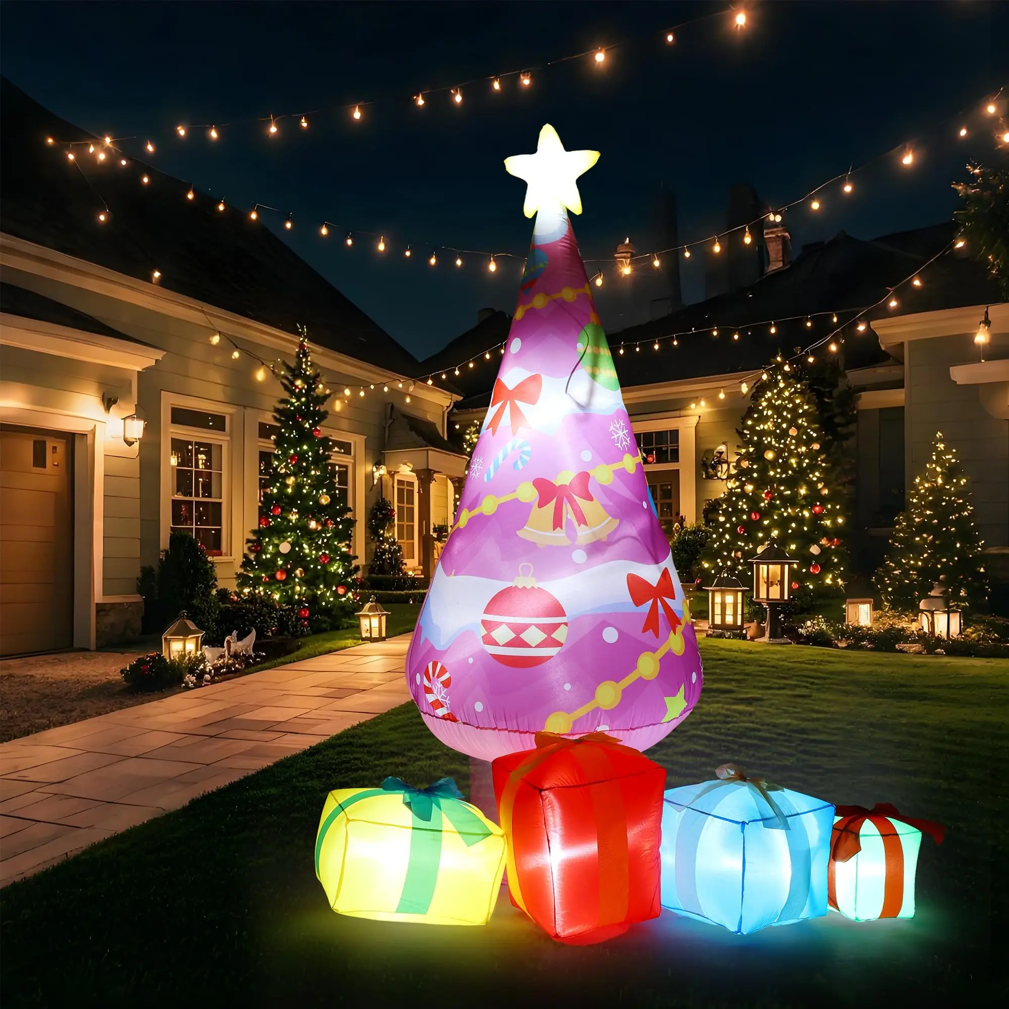 7 ft Giant Pink Christmas Tree Inflatable - Built-in LEDs & 4 Gift Boxes, Weatherproof Outdoor/Indoor Blow Up Decor for Holiday Yard