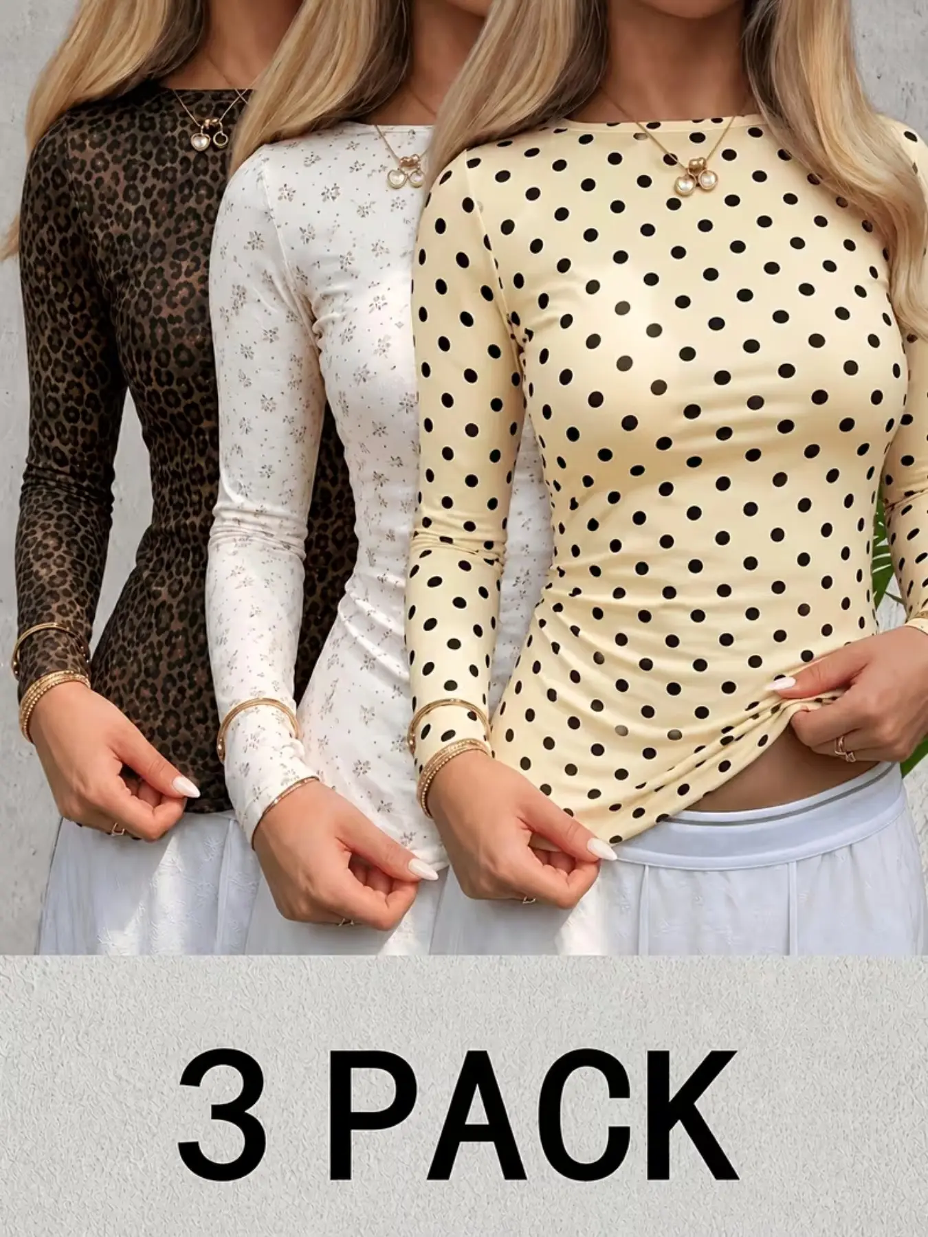 Women's Summer & Fall Three-Piece Set, Leopard Print Long Sleeve Tops, Slim Fit Round Neck Casual T-Shirts, Dots/stripes Design