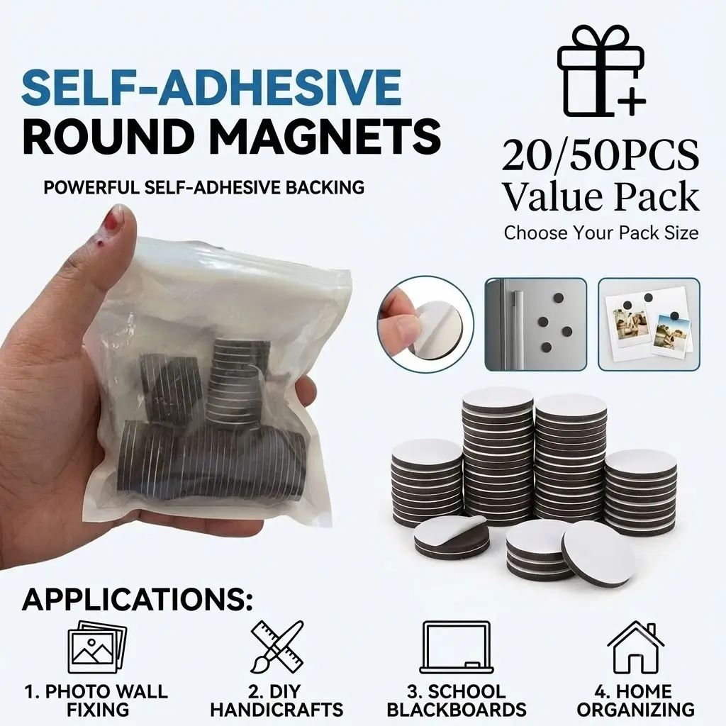 20/50 Pack Self-Adhesive Round Magnets, Strong Adhesive Magnetic Stickers for Photo Walls, DIY Crafts, School Whiteboards, Blackboards