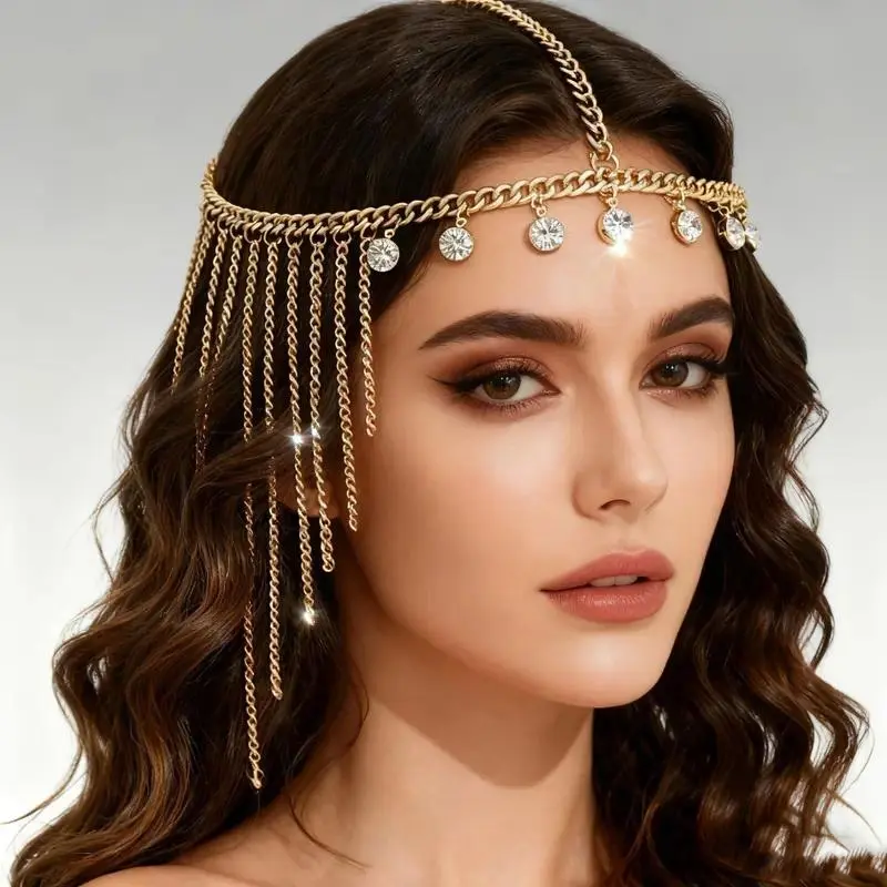 Women's Rhinestone Head Chain with Tassel Details, Multi-Layer Forehead Jewelry, Sparkly Boho Headpiece for Festivals, Vacations, Themed Parties, Photoshoots & Statement Hair Styling