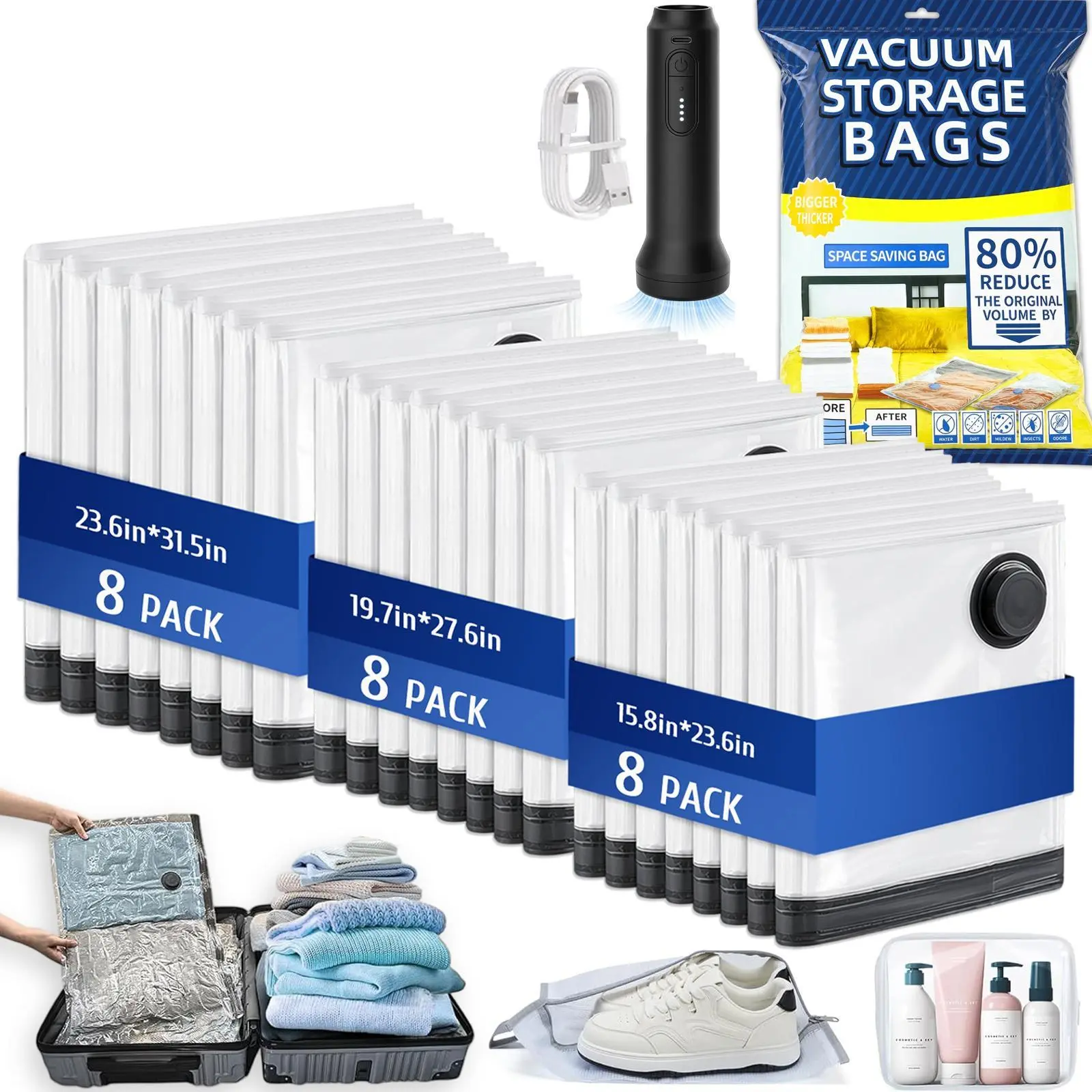 9-Pack Vacuum Bags for Travel, Reusable Compression Storage Set with Portable Electric Pump, Airtight & Transparent PA+PE Organizers for Luggage, Saves 80% Space, Travel Necessities, Compression Travel Cubes