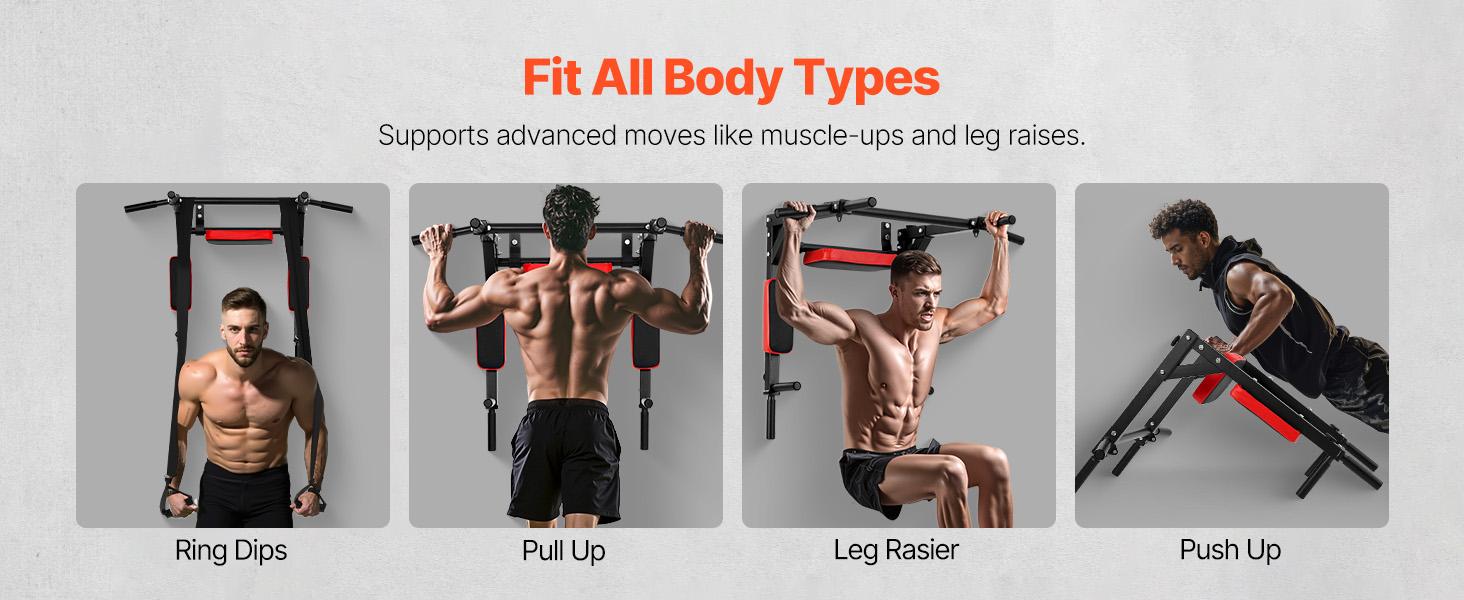 VEVOR Multifunctional Pull Up Bar, Wall Mounted Chin Up Bar Dip Station for Home Gym, Heavy Duty Steel Upper Body Workout Pull Ups, Power Tower Set Training Equipment Fitness, 440 lbs Weight Capacity