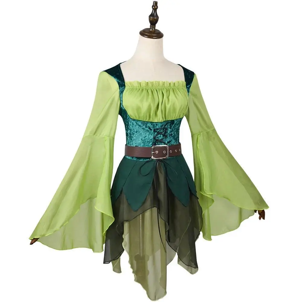 Women's Elf Medieval Green Fairy Dress Magical Elf Dress and Belt with Wings Halloween Cosplay Costumes Elf role-playing costume