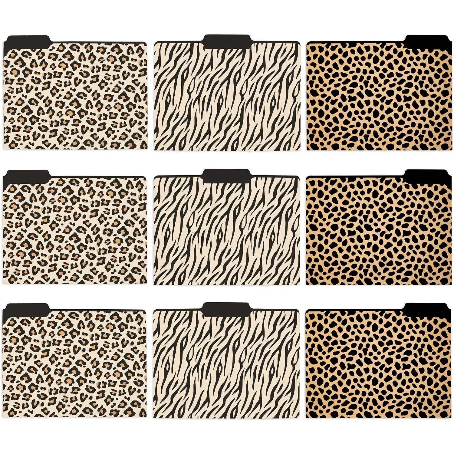 Set of 9 File Folders Decorative, Leopard | Thick Sturdy File Folders with Tabs and Sticker Labels, Cute Colored File Folders Letter Size for Office Organization
