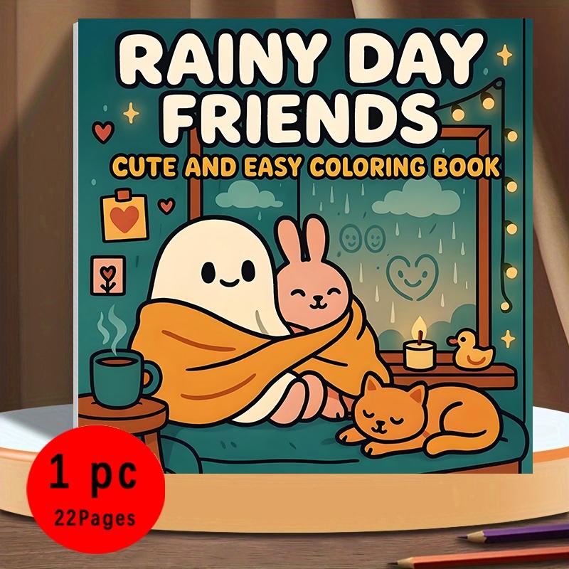 Bold & Easy Rainy Day Friends Cute & Cozy Coloring Book for Kids & Adults, 22 Coloring Pages on 120gsm Thick No Bleed Paper, Odorless Glue Binding, Stress Relief Easy Coloring for All Ages