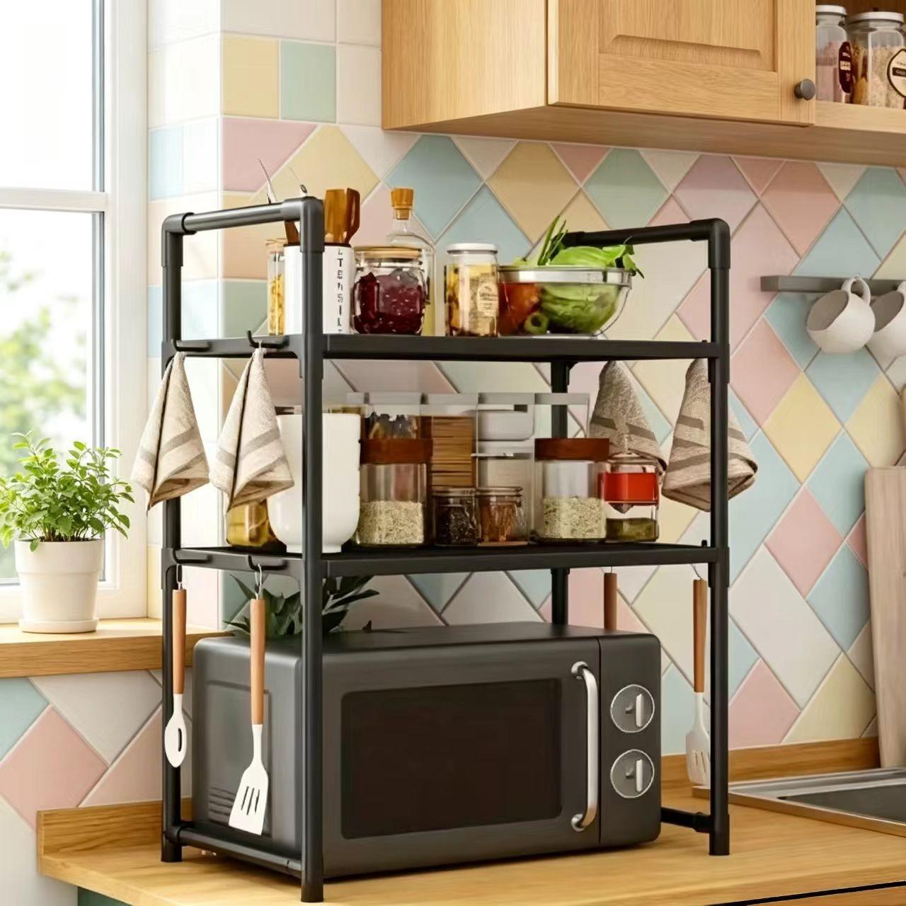 Microwave Rack Organizer, Multi-Functional Shelf for Countertop and Cabinet Storage, Durable and Easy Assembly, Ideal for Small Kitchens