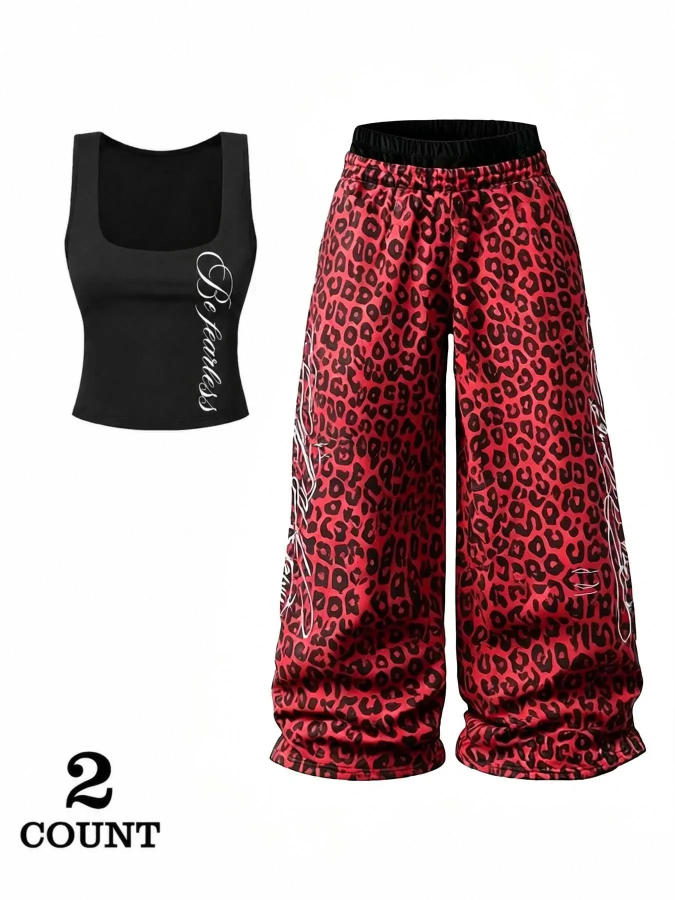 Women's Letter Backless Top with Leopard Print Casual Punk Style Pants, Vintage Streetwear Double Layered Pants, Y2K Fashion for Daily Wear Casual Set, Casual Outfit Set