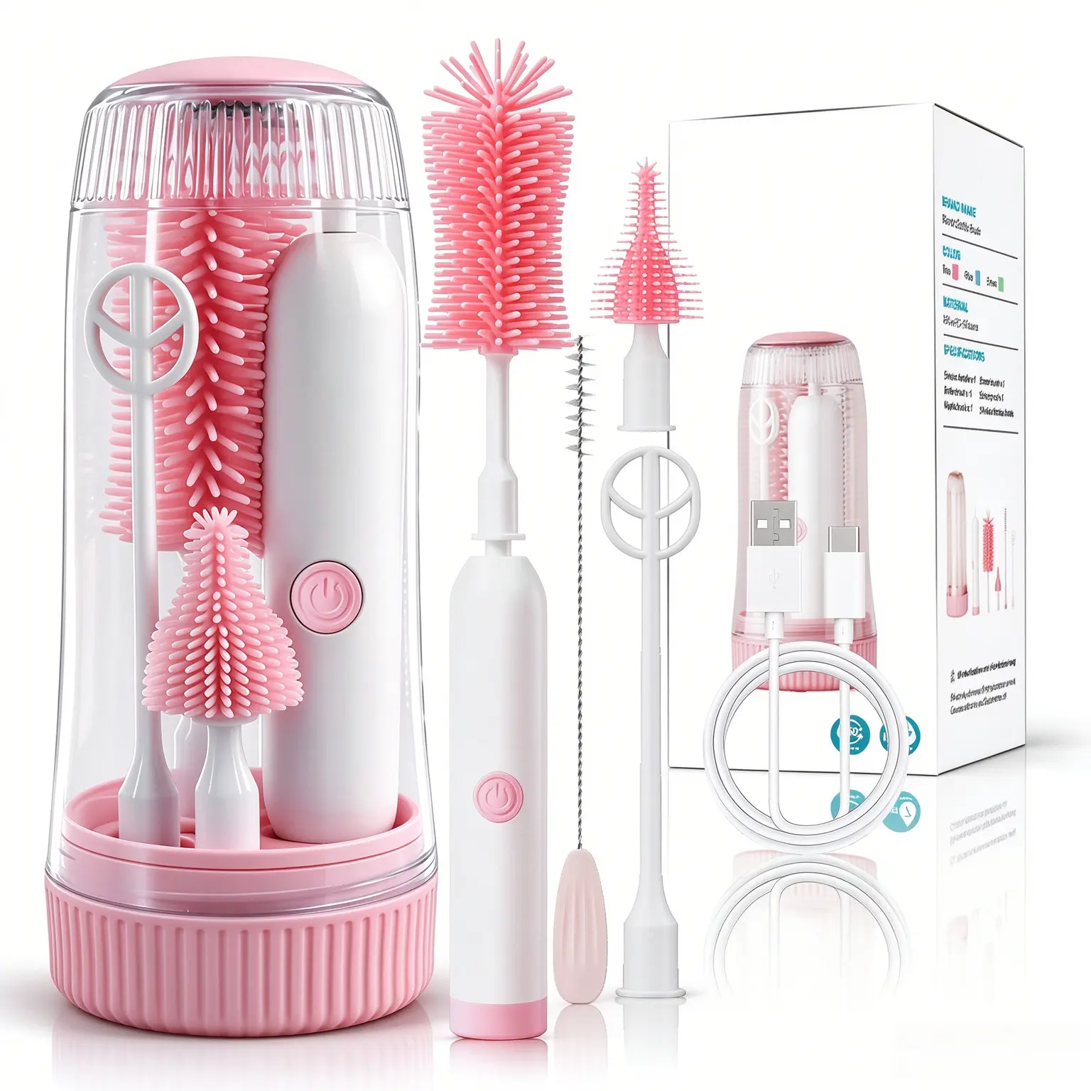 Rechargeable Automatic Bottle Cleaner Compact Set - Portable Baby Bottle Cleaner with Food Grade Silicone Bristles, Dual Modes, 1500mAh Battery, Waterproof Design, Nipple Straw Heads, Drying Rack for Infant Baby Items (Unisex)