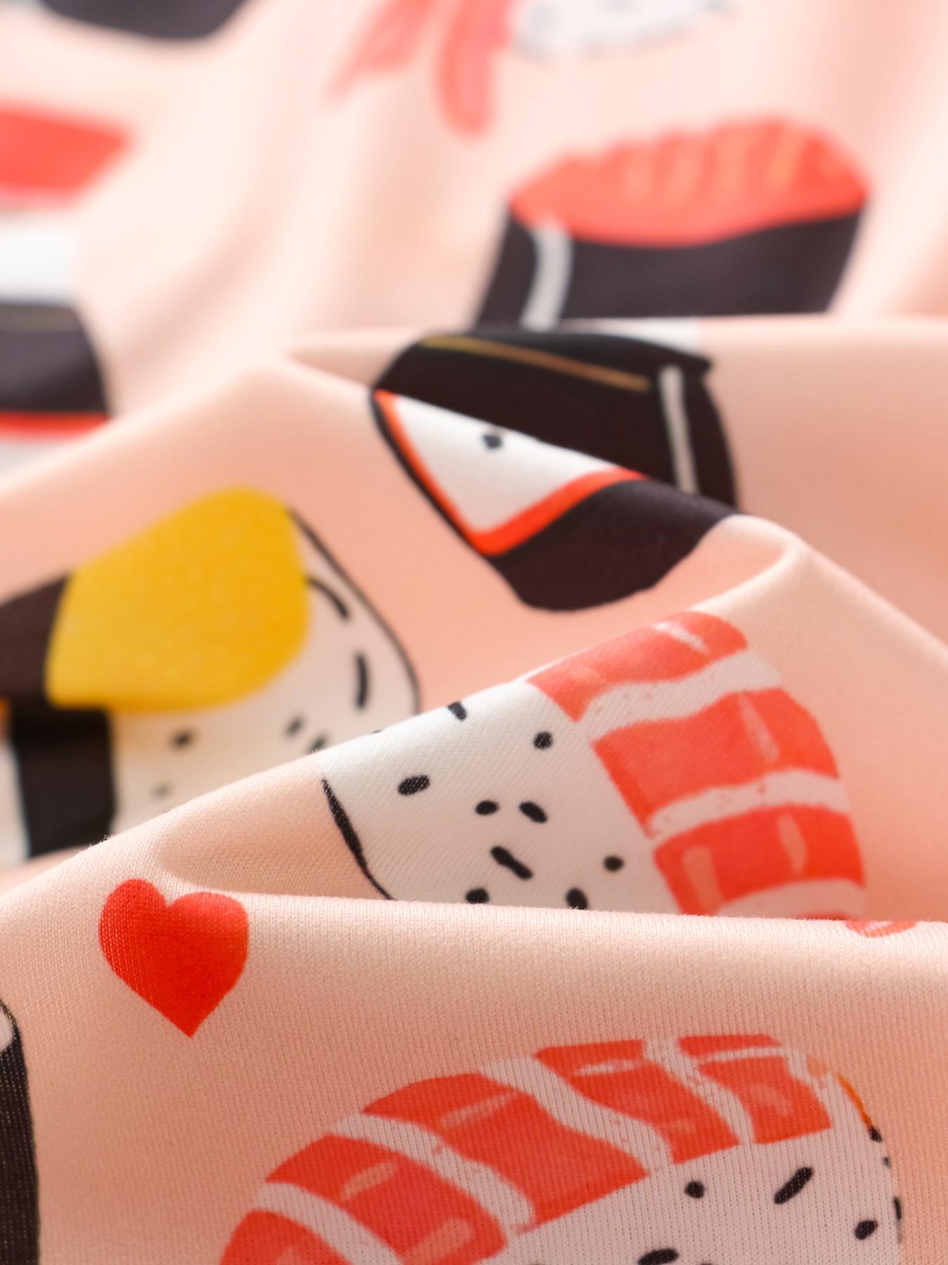 Women's Sushi Full Print Pajama Set, Collared Button Short Sleeve Top and Loose Comfortable Shorts, Fun Sweet Sleepwear Set