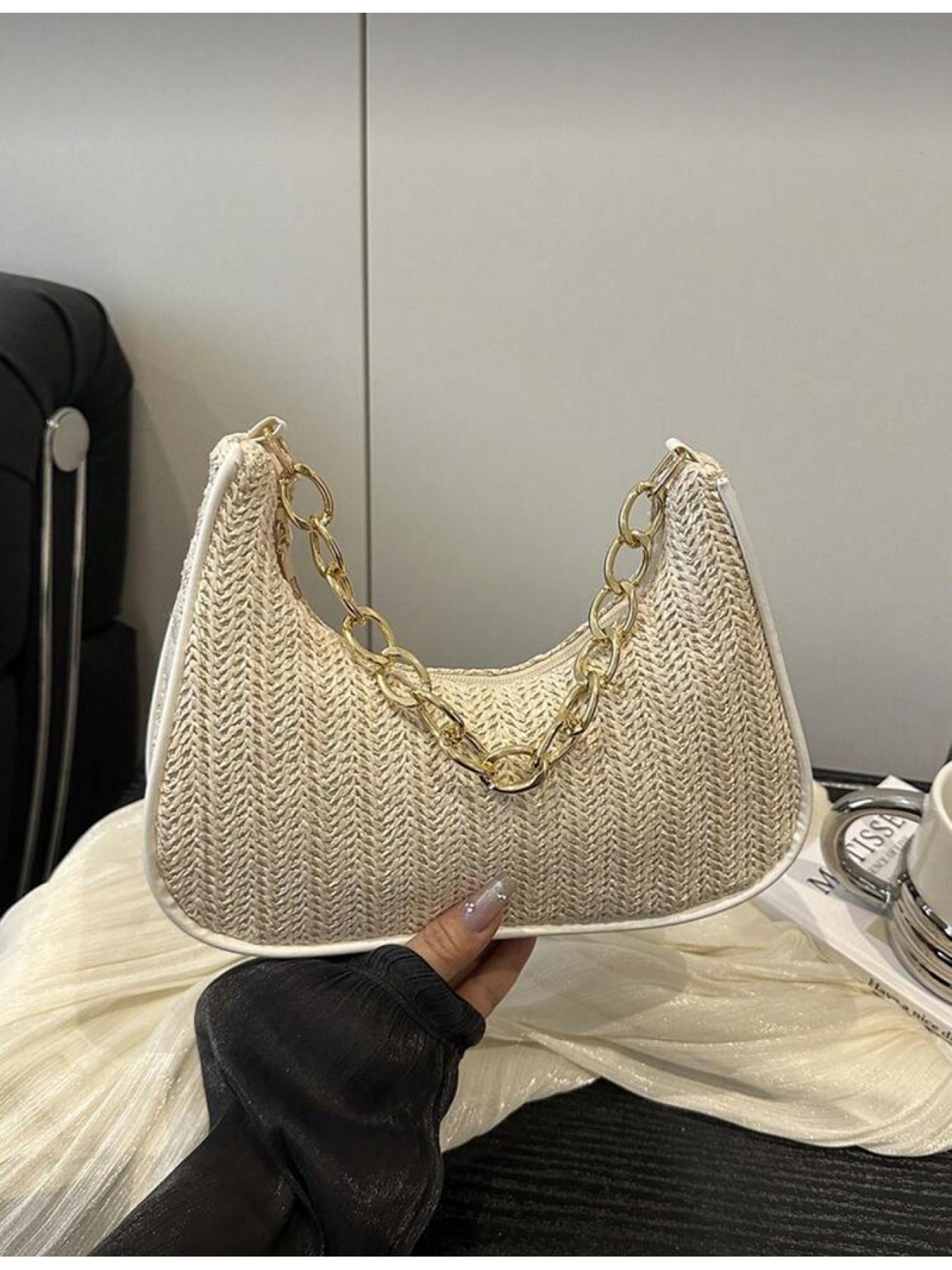 Summer Women Straw Handbag Crescent Shape Metal Chain Tote Beach Bag Casual Multi functional Crossbody Shoulder Bag