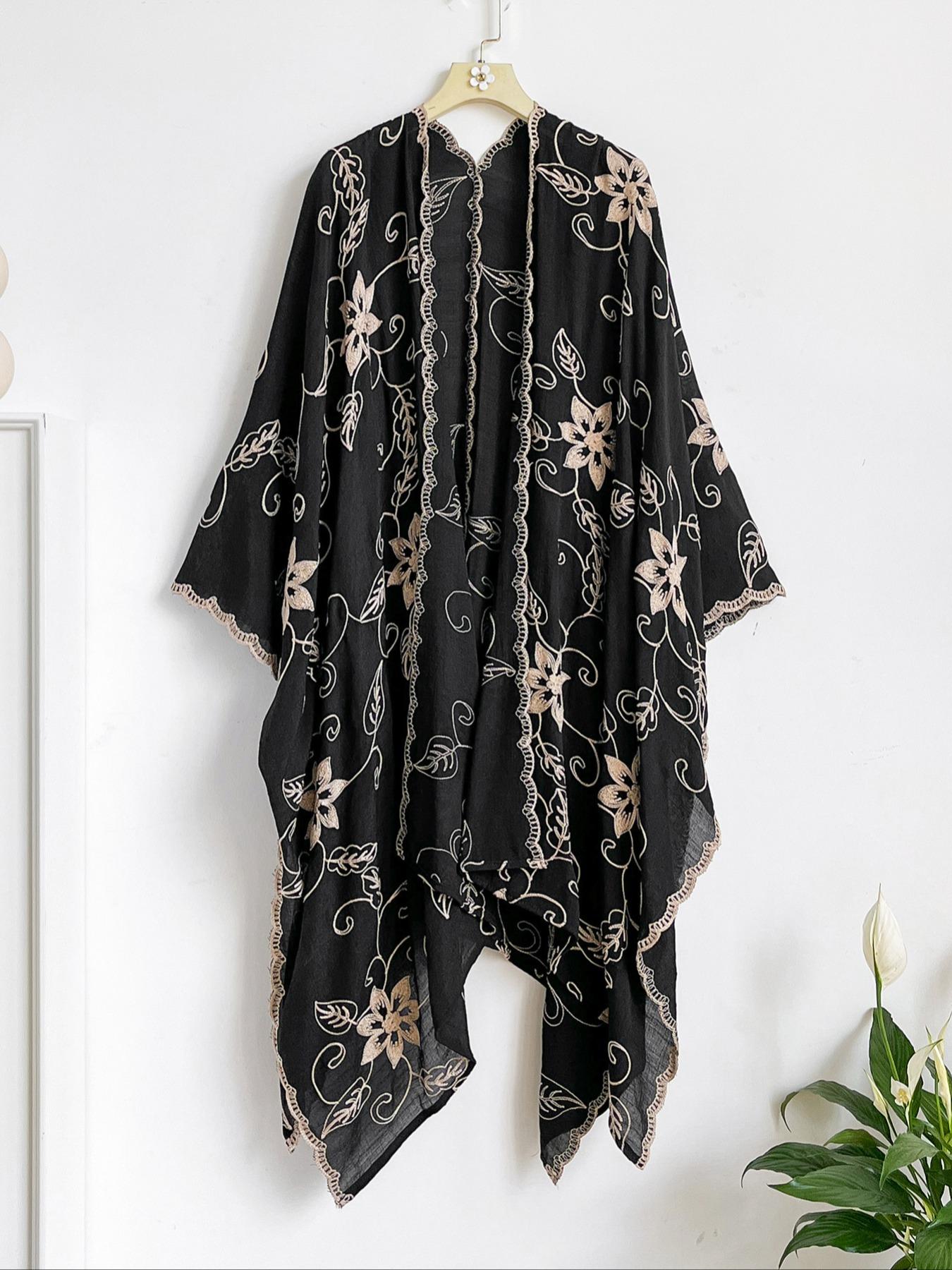 Boho Ocean Embroidered Split Scarf, Loose Fit Elegant All-Season Style, Perfect for Beach Vacations, Commuting and Dates
