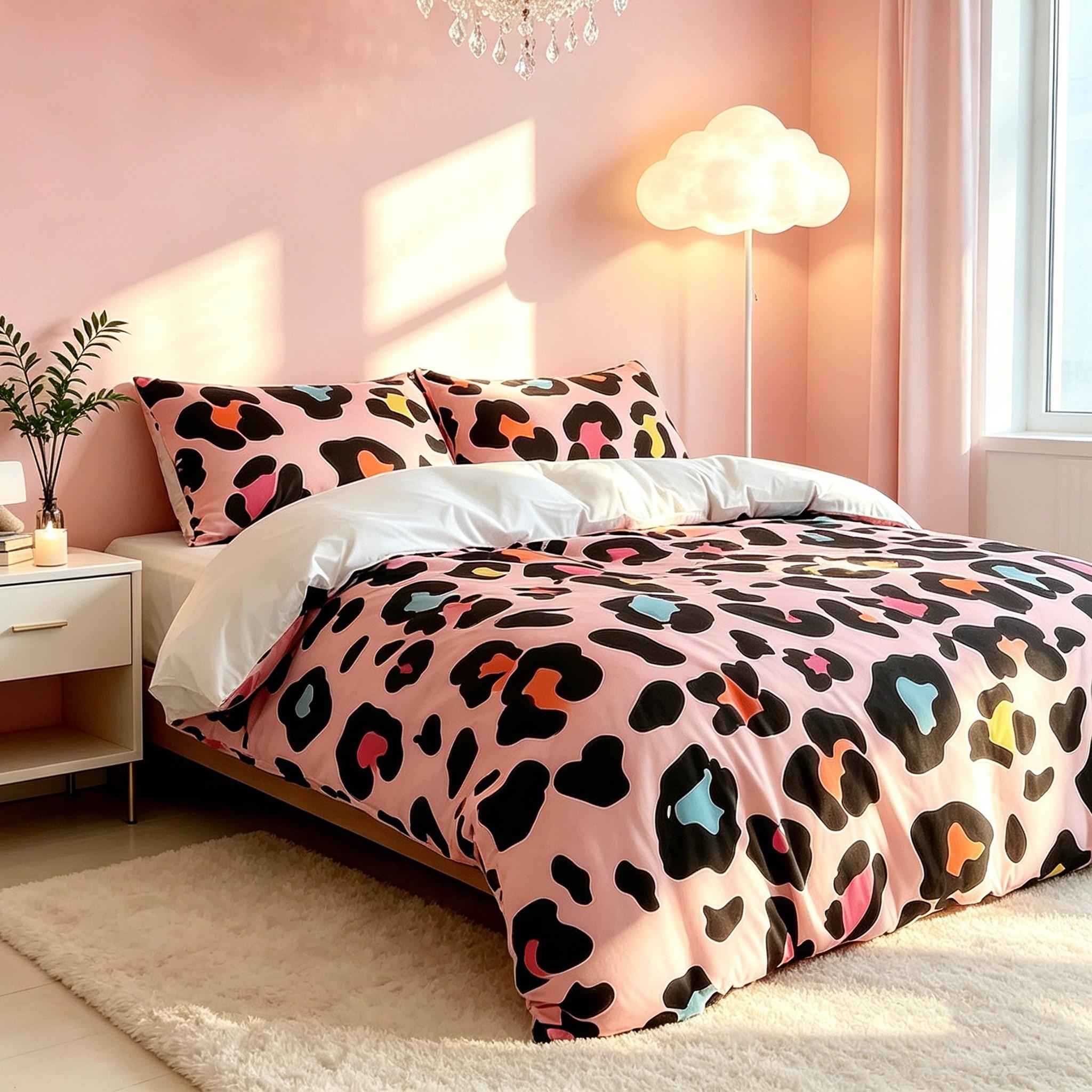3pcs Sweet Fashion Leopard Print Bedding Set,(Include 1*Duvet Cover, Without Duvet Insert,2 *Pillowcases, Without Pillow Core) Soft Fabric, Easy-To-Remove Zipper, Perfect Gift