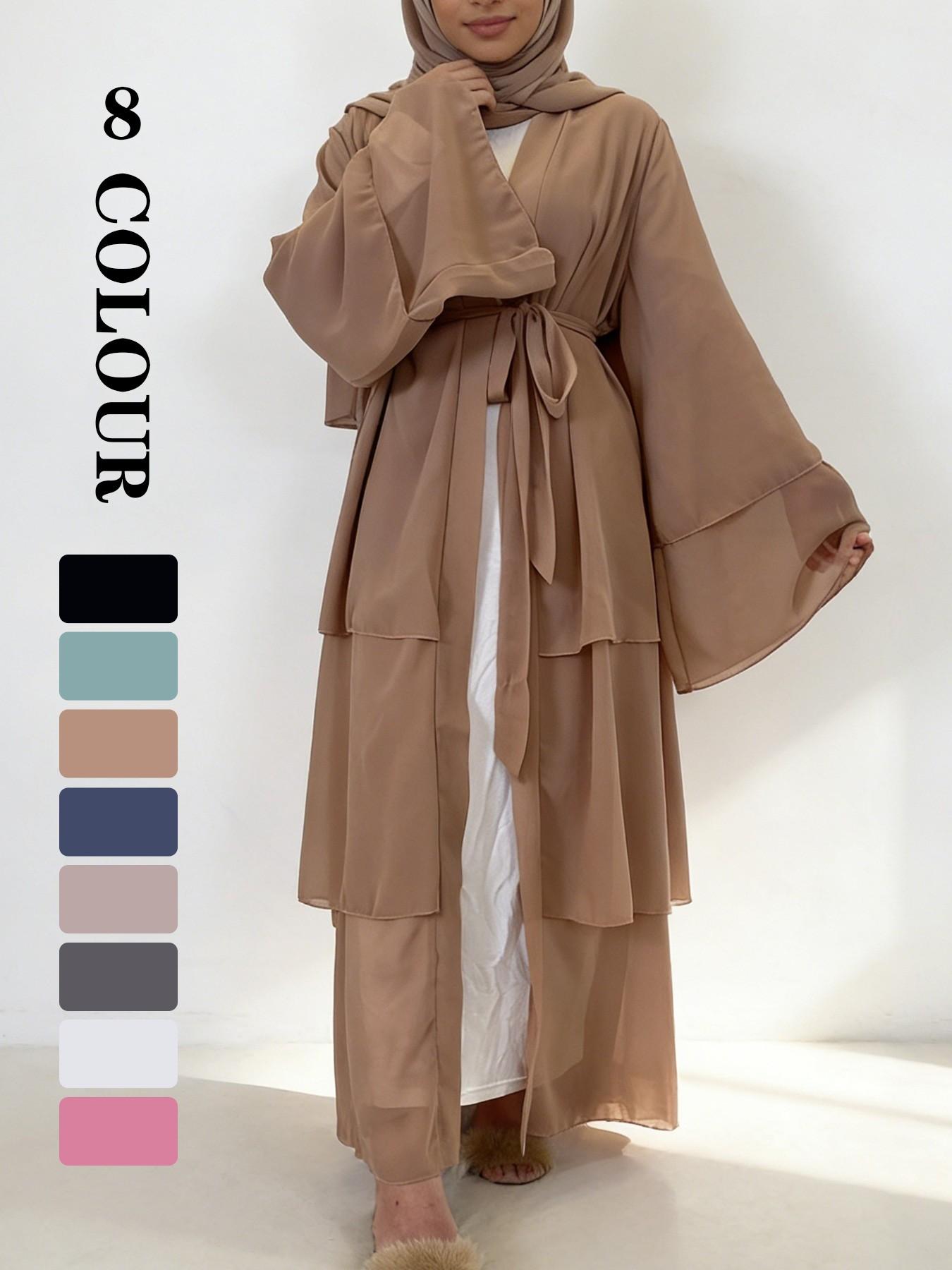 Spring Summer High-Quality Chiffon 3-Layer Eid Abaya with Belt, Casual Party Dress, Comfortable Breathable Fabric, Perfect for Weddings