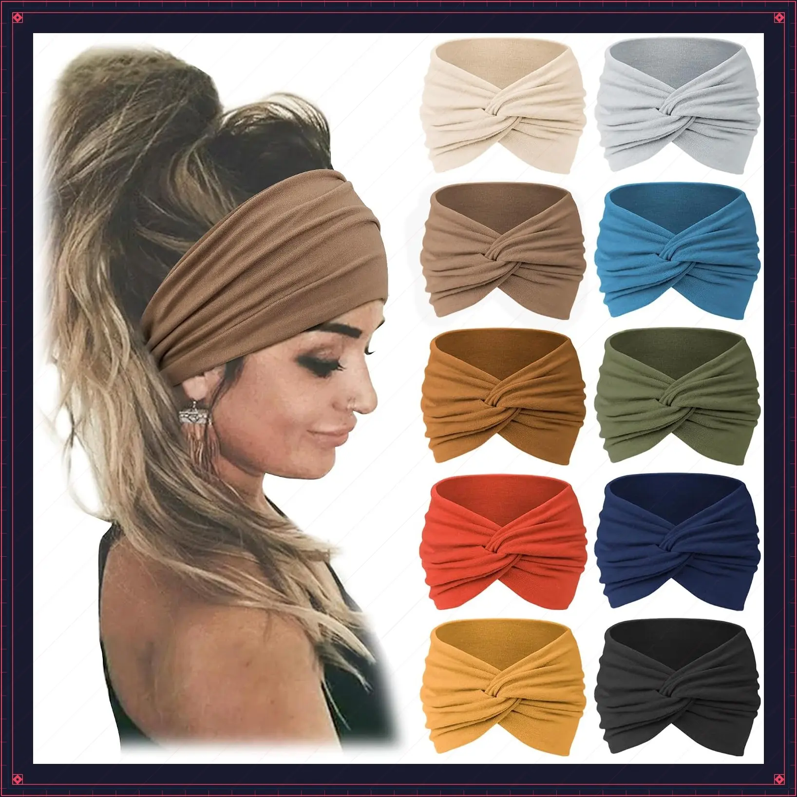 10 PCS Extra Wide Turban Headbands for Women, Non-Slip Soft Stretch Fabric Hair Bands, African Boho Style Head Wrap for Yoga, Workout, Daily Wear & Travel, CaramelGift