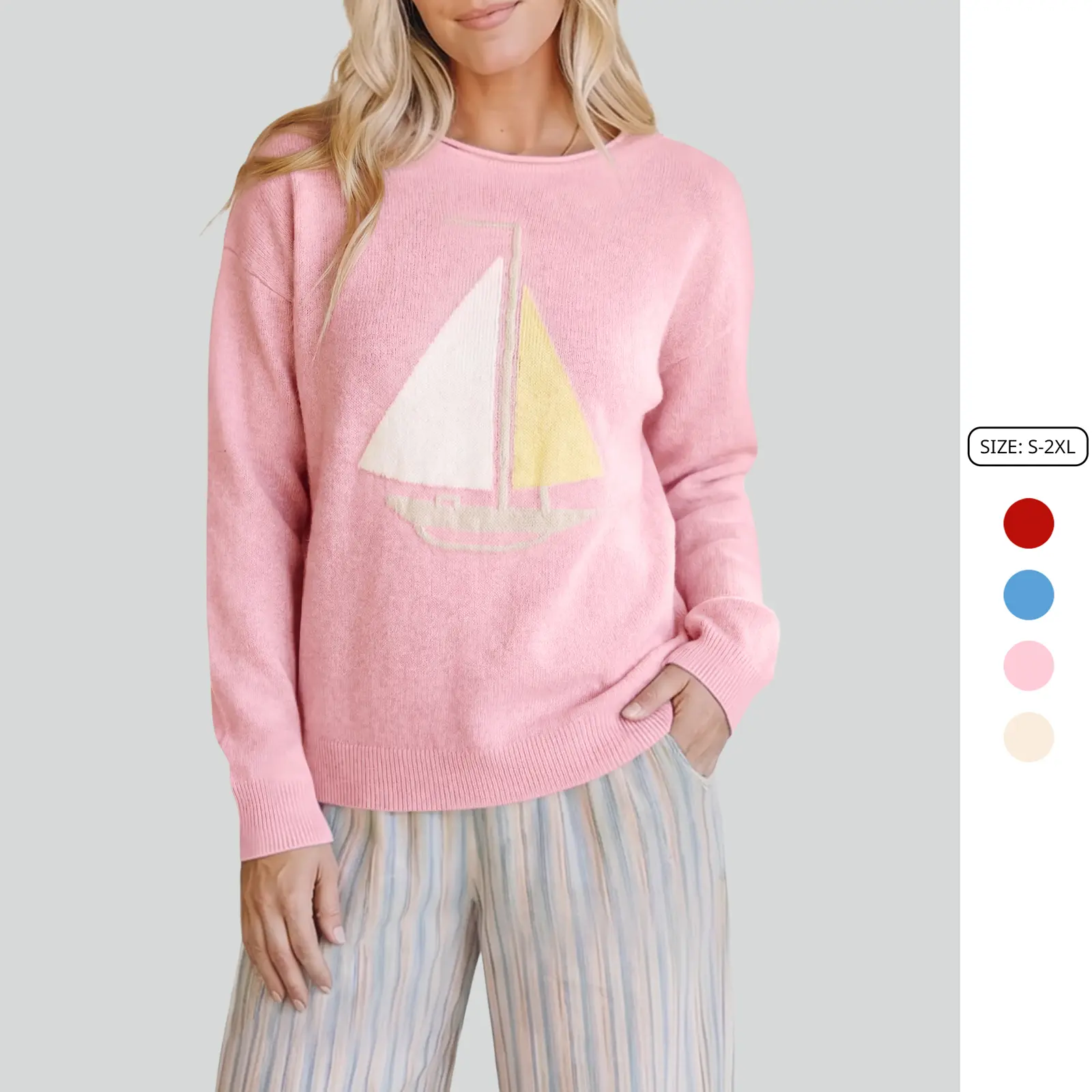 Imily Bela Vintage Sailboat Graphic Casual Knit Sweater Women Soft Cozy Oversized Off Shoulder Long Sleeve Pullover Loose Fit