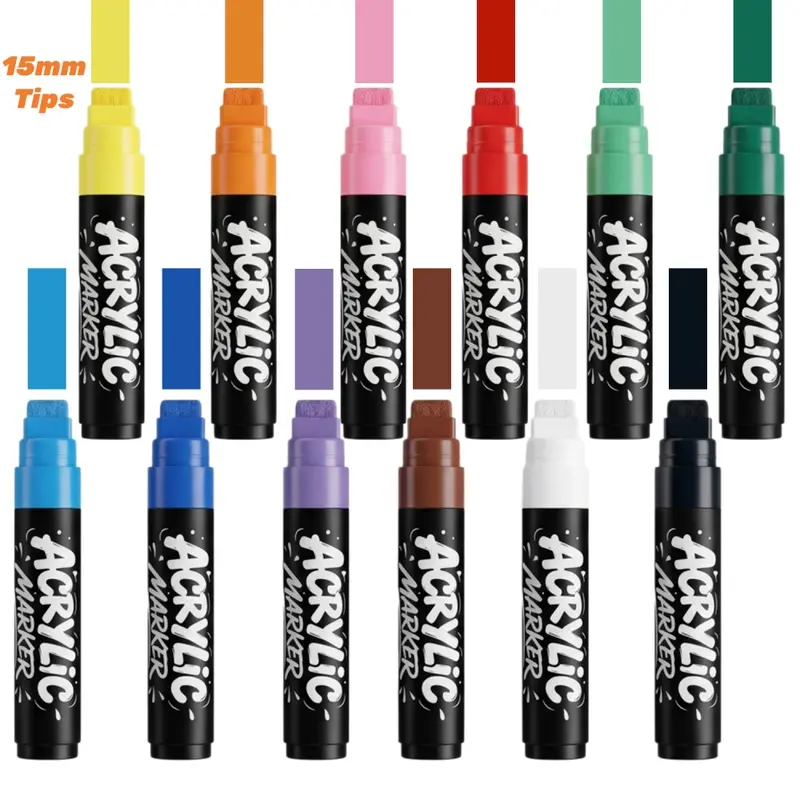 3/12 Pack Large Acrylic Paint Markers, 15mm Jumbo Chisel Tip Permanent Markers for Rock, Poster, Graffiti, Stone, Glass, Ceramic, Wood and Canvas Art