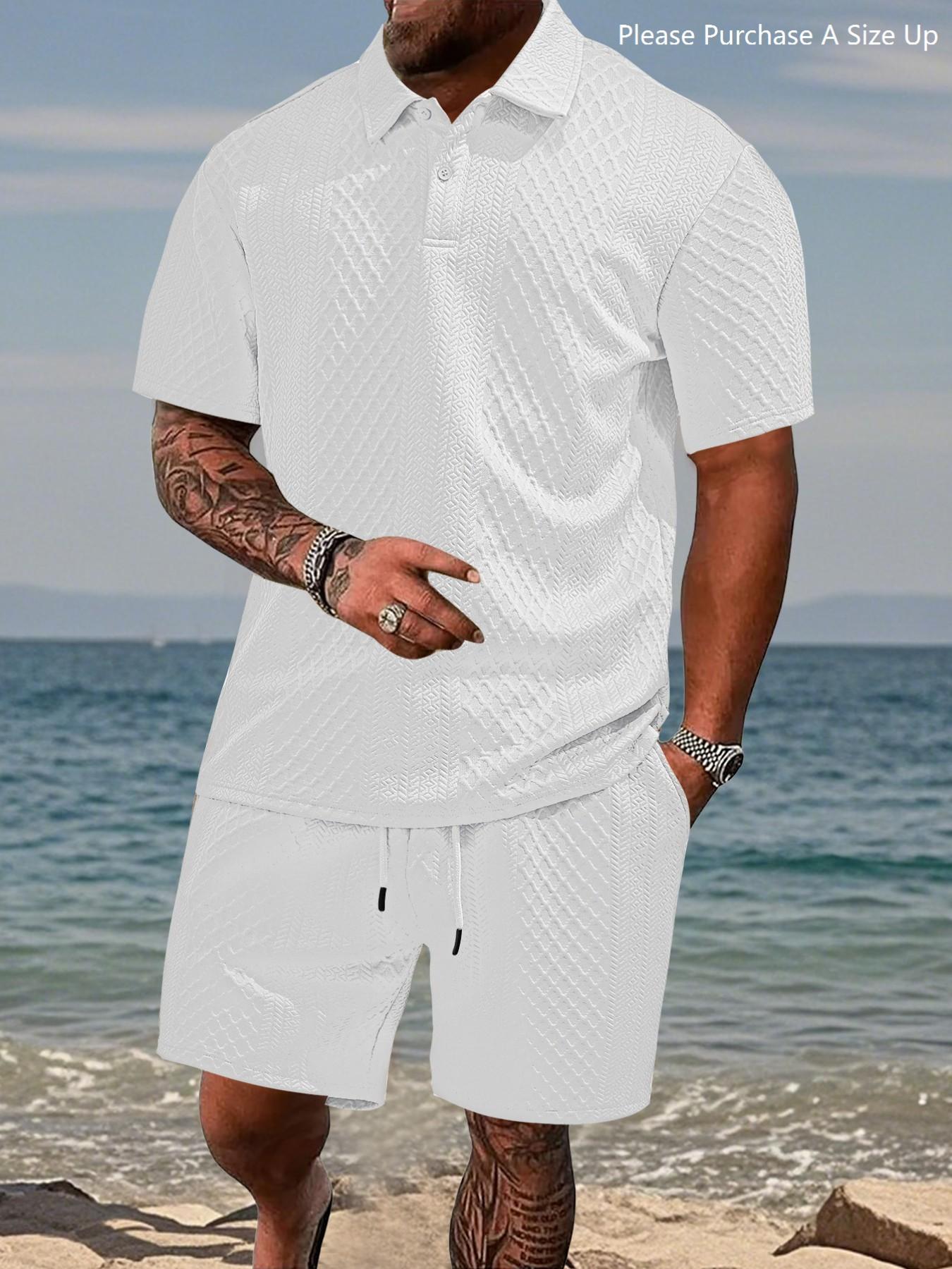 Please Purchase A Size Up. Men's Solid Polo Shirt & Drawstring Waist Shorts Set, Cozy Breathable Two-piece Outfits for Daily Outdoor Wear, Men Clothes for Summer.