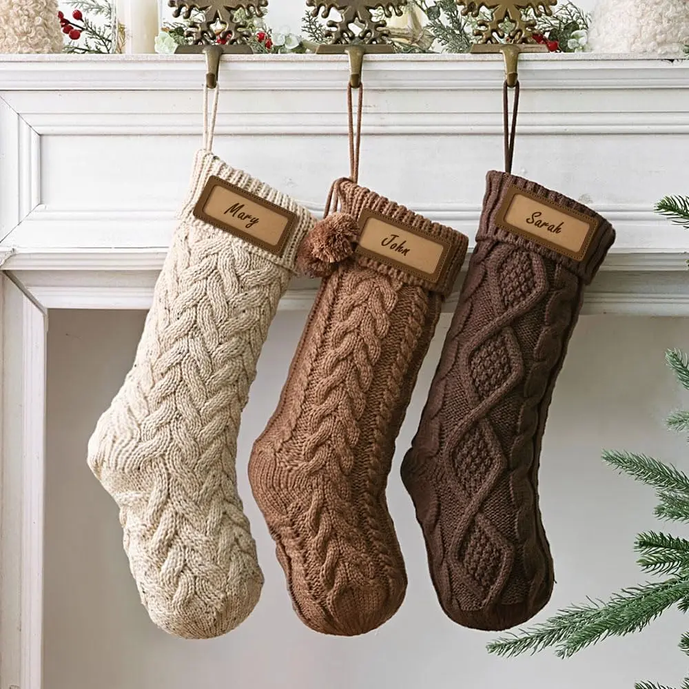 Knitted Christmas Stockings: 3 Pack 18 Inch Neutral  Knit Fireplace Stockings, Cozy  Xmas Stockings Rustic Stocking Decorations for Family Holiday Décor, Earth