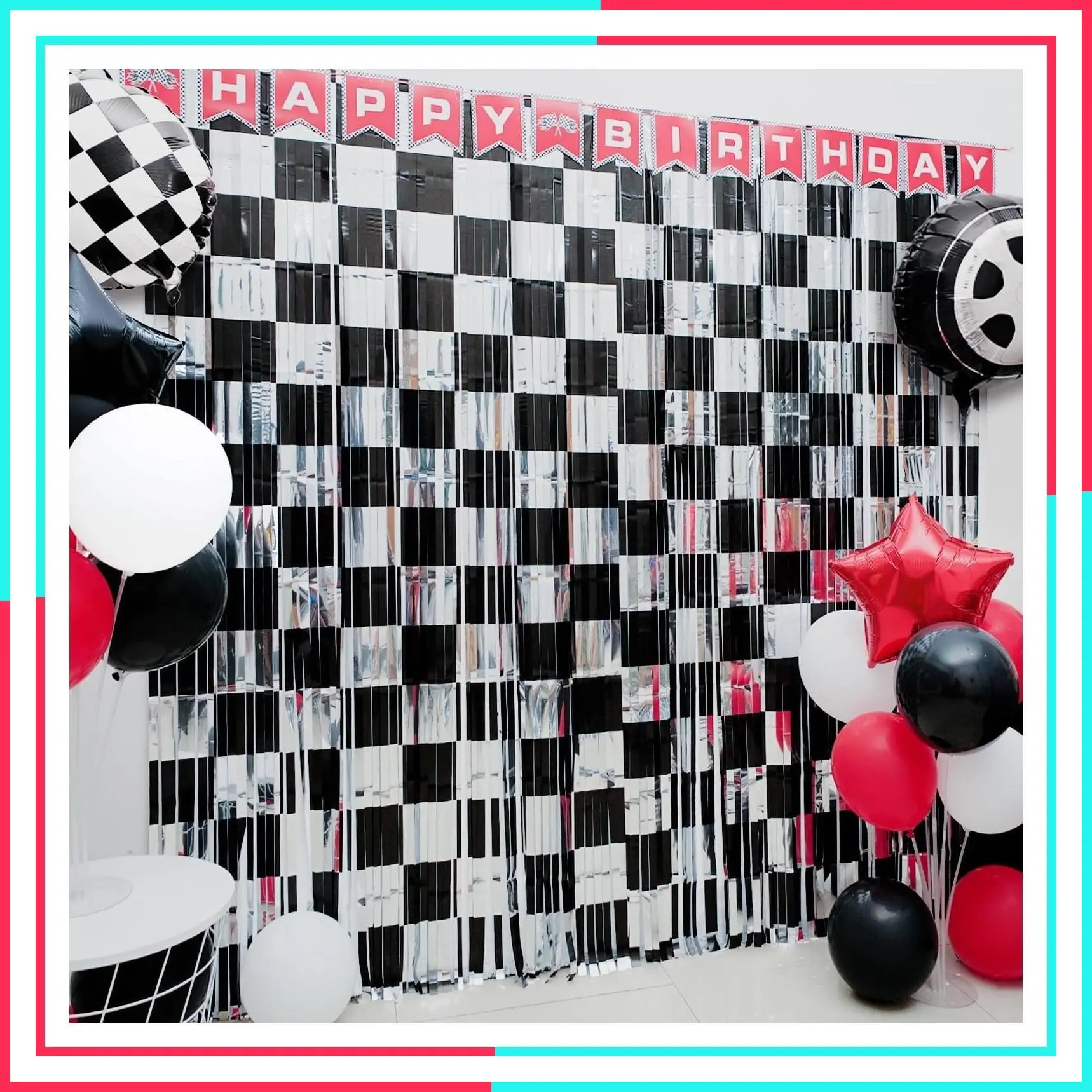 Race Car Birthday Party Decoration, 2 Pack Checkered Backdrop Photo Booth Prop, Black and Silver Fringe Curtains Tinsel Streamers, Race Car Theme Party Supplies