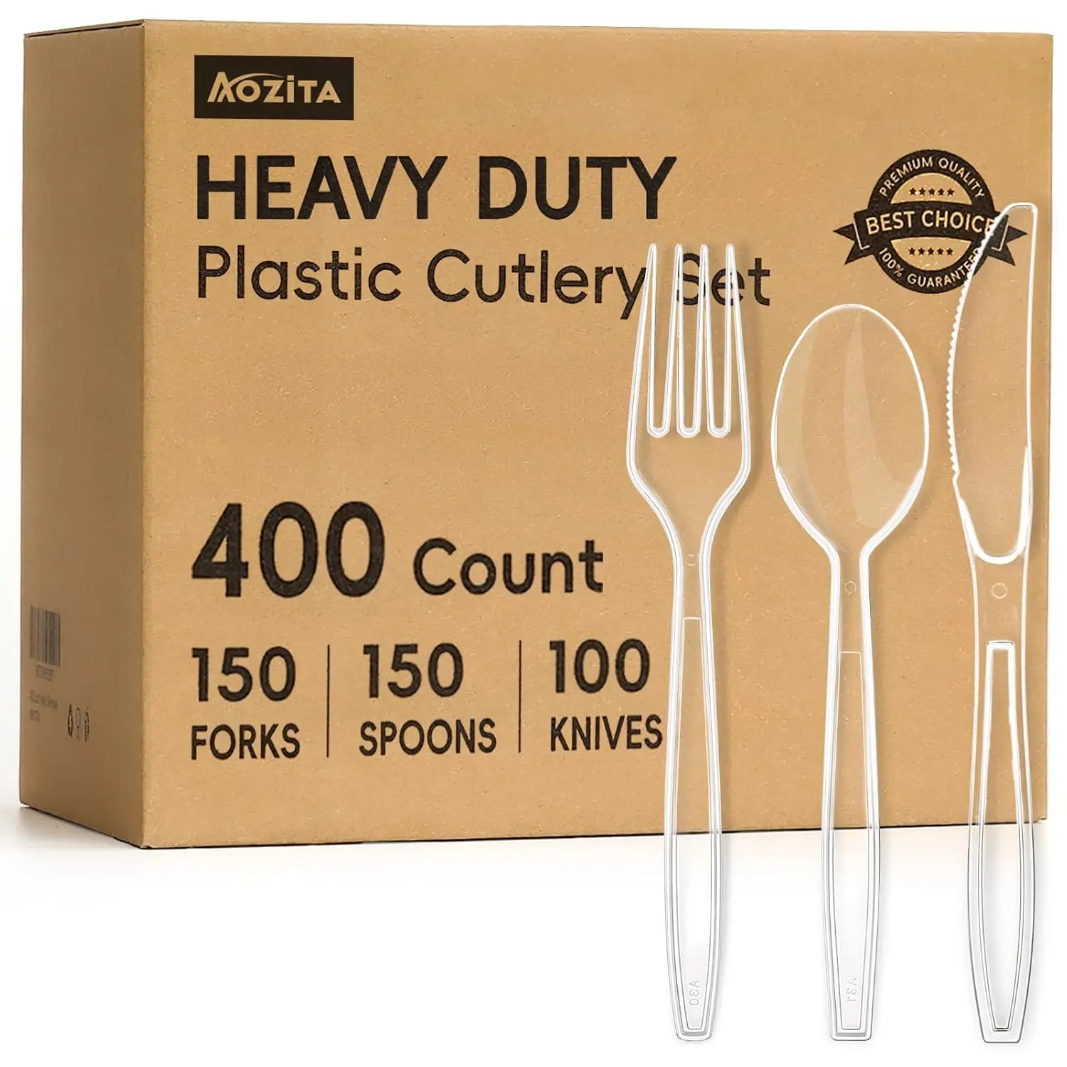 400 Count Heavy Duty Plastic Silverware, BPA-Free, Clear Plastic Cutlery Set, Premium Disposable Utensils for Party Everyday Use, 150 Forks, 150 Spoons and 100 Knives