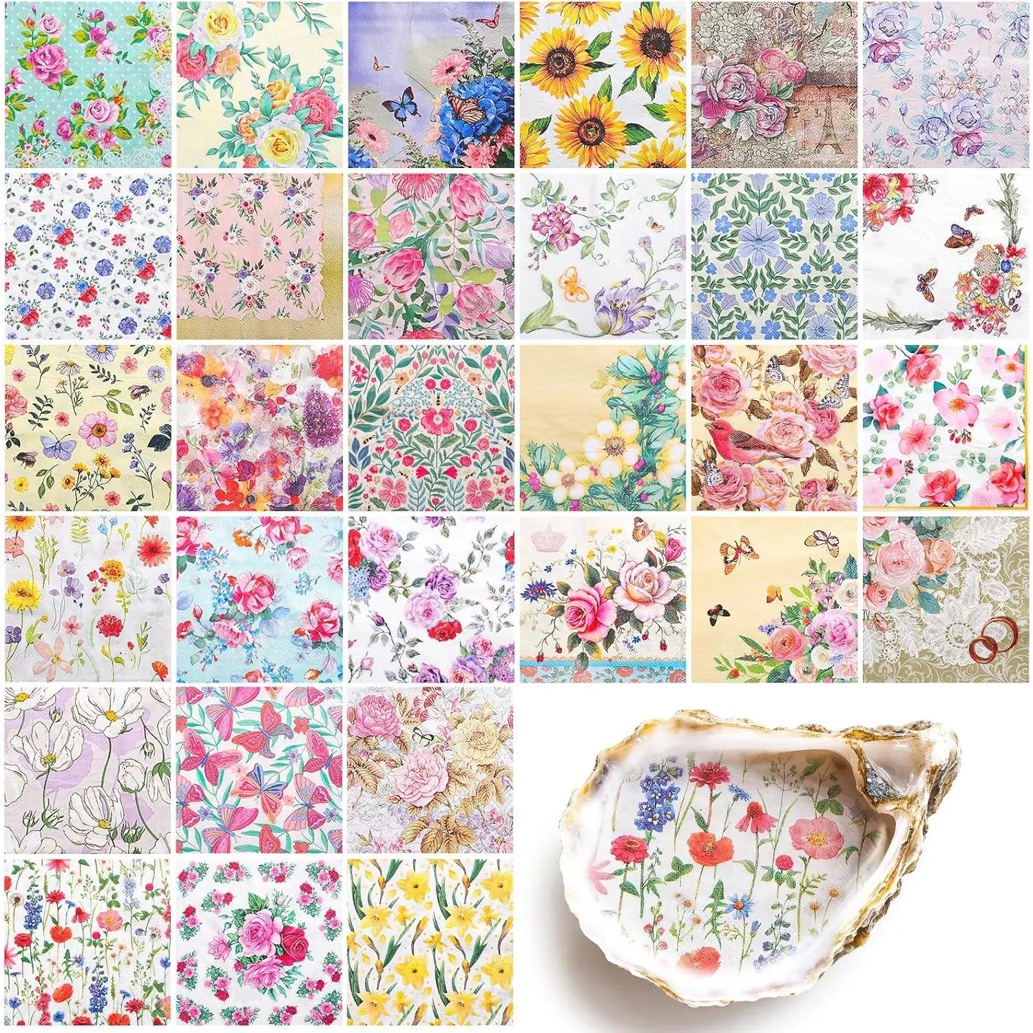 30 Pack Decoupage Napkins, 30 Styles Assorted Floral Decorative Napkins, Decoupage Toile Floral Cocktail Napkin for DIY Crafting Spring Party, 13 * 13 Inch