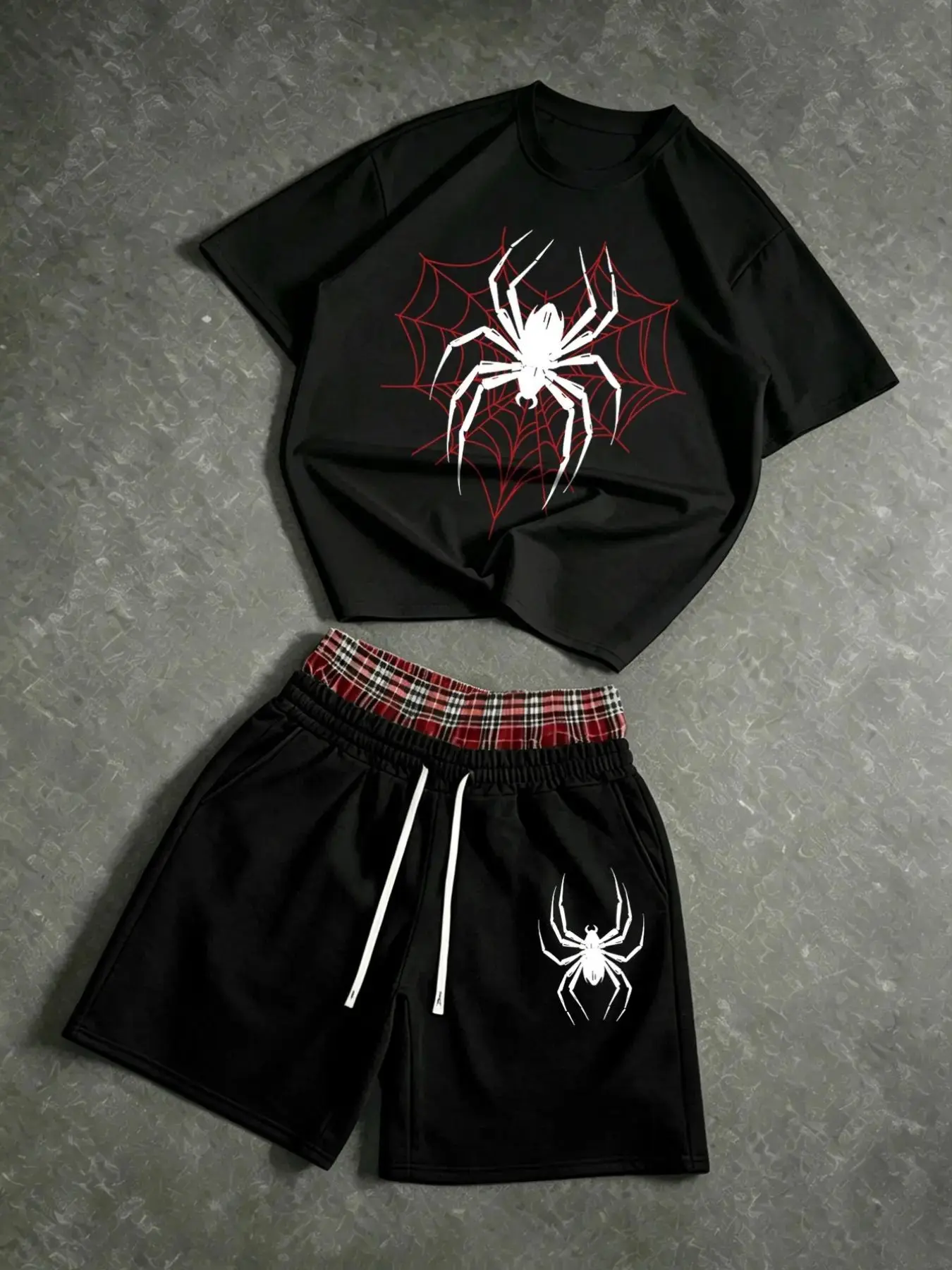 2Pcs Set Outfit Men Y2K Graphic Spider Web Short Sleeve T-Shirt and Plaid Layered Shorts Set for Unisex Summer Streetwear