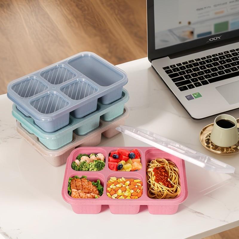 Wheat Straw Bento Snack Box Containers, 4-Pack 5-Compartment Meal Prep, Reusable Food Storage, Stackable, Ideal for Work & Travel, Lunch Boxes