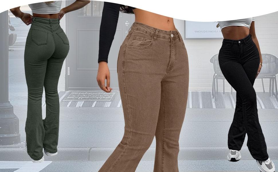 GILIPUR Y2K Style High-Waisted Flare Jeans, Casual Button Front Pocket Design, Slim-Fit Stretchy Denim Jeans for All Seasons, Fashionable Everyday Wear