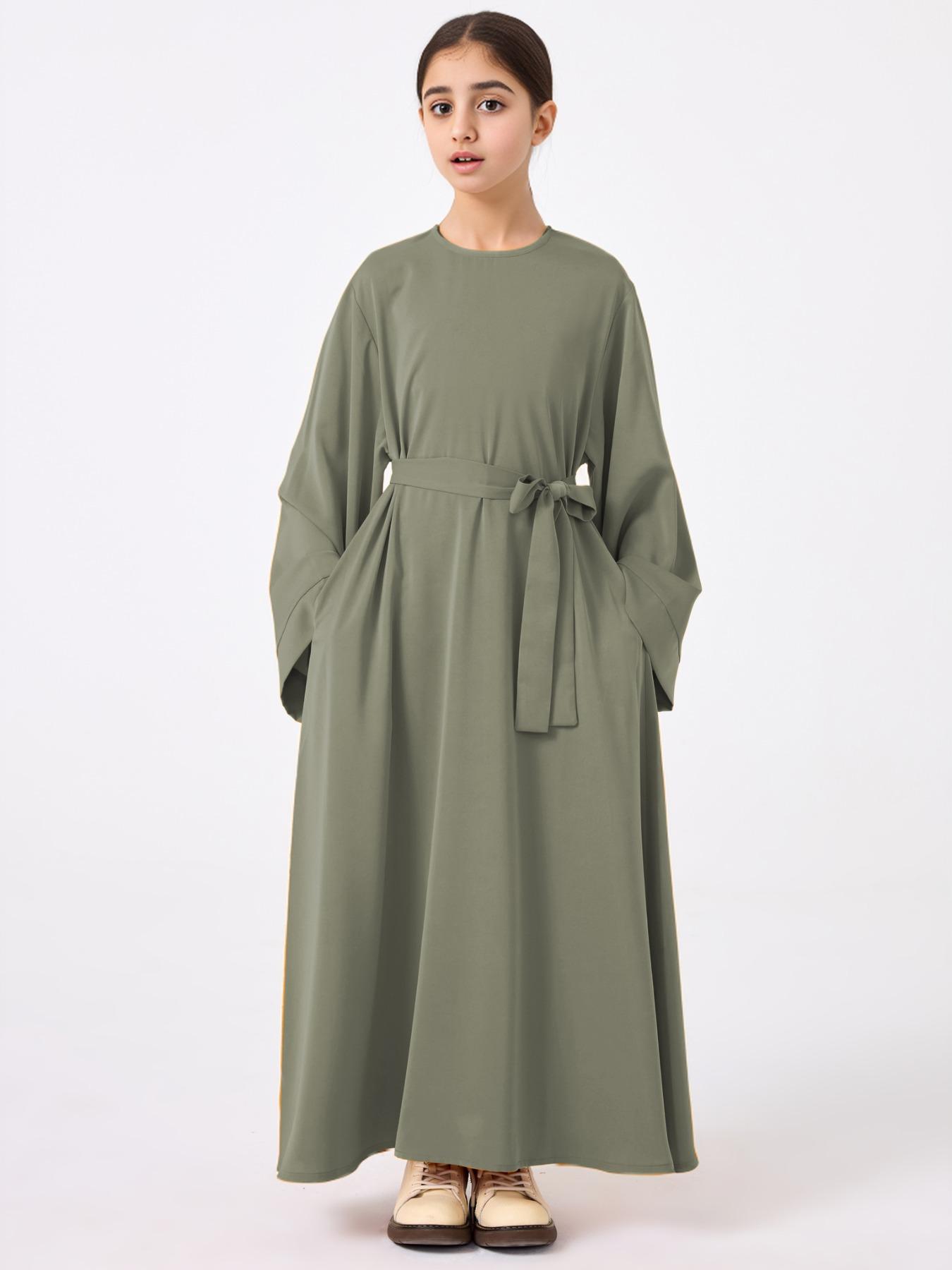 Girl's Solid Belted Dress, Modest Long Sleeve Dress for Daily Wear, Kids Clothes for All Seasons