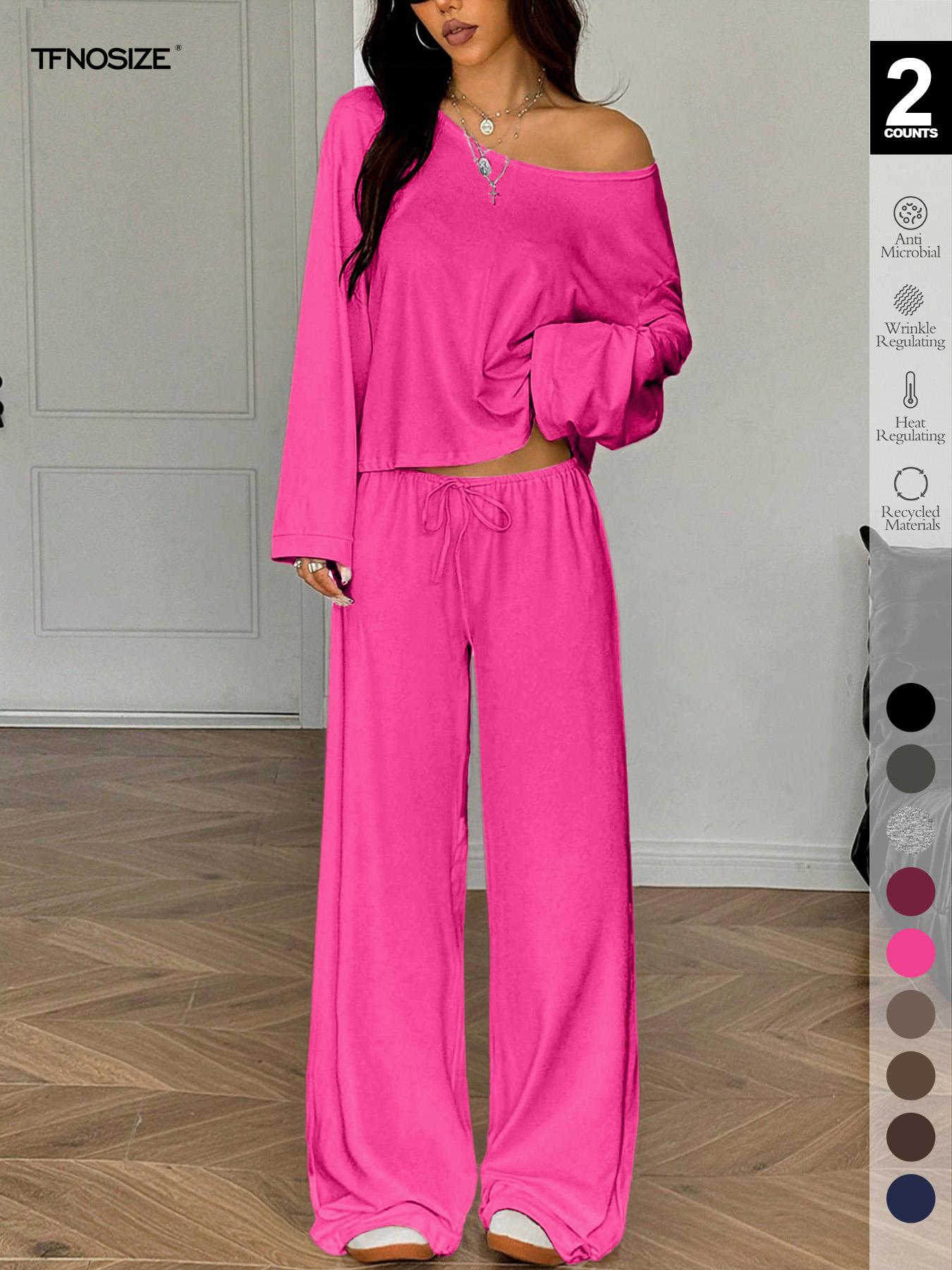 2 Piece Set Women Sleepwear Loungewear, Elegant Simple Solid Color Loose Long Sleeve Thermal Top And Pants pajamas Set, Pjs For Autumn/Winter，All Season Fashion