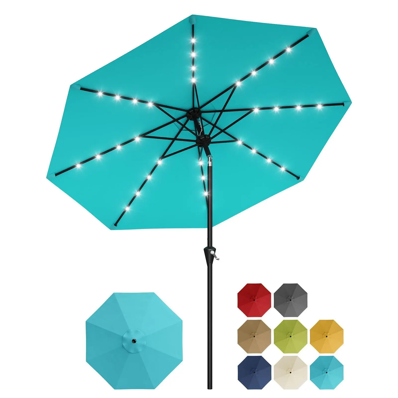 GARVEE 10FT Solar LED Patio Umbrella with 32 LED Lights, UV Protection, Weatherproof Outdoor Market Table Umbrella with Crank & Tilt, 8 Sturdy Ribs for Garden, Patio, Pool, Deck & Balcony