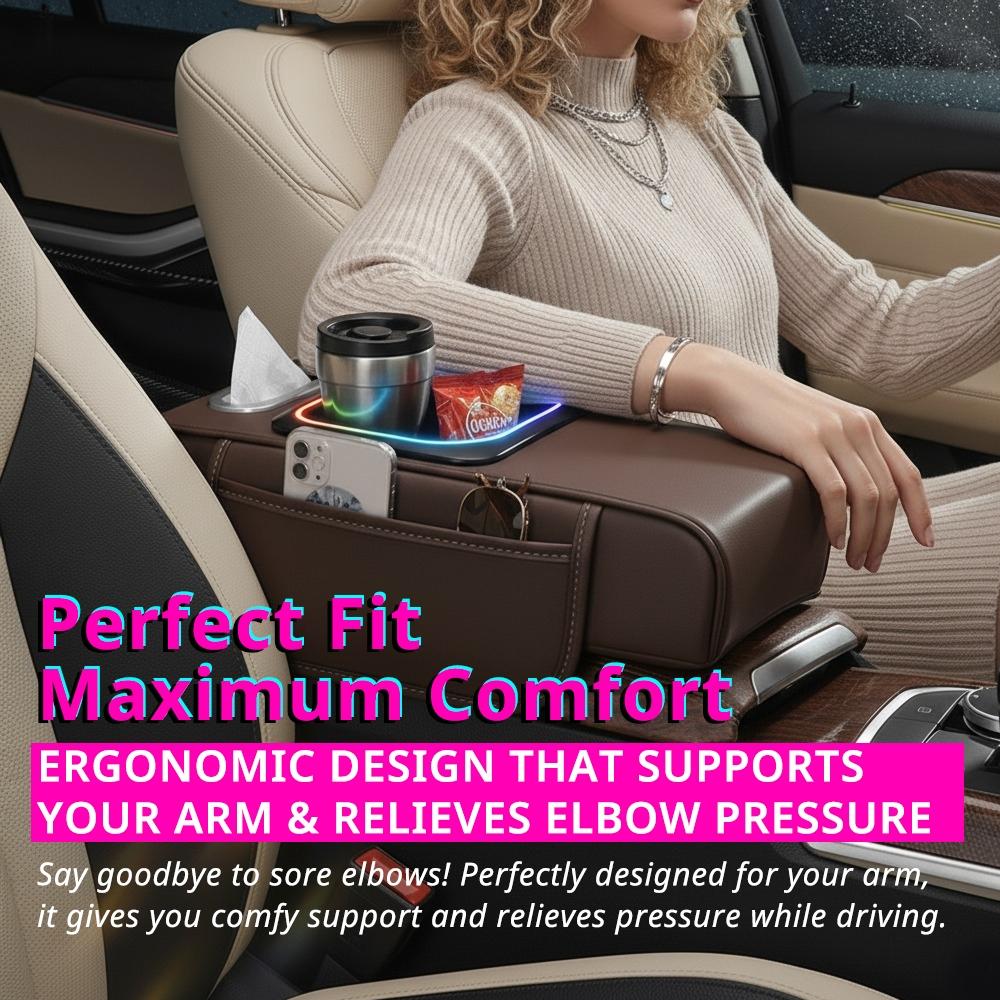 Car Multi-Functional Handrest Storage Cushion, Fast Charging Type C & Type a Dual Ports, Music Sync RGB Ambient Light, Easy Install, Car Armrest Box Accessories,  Car Console Organizer