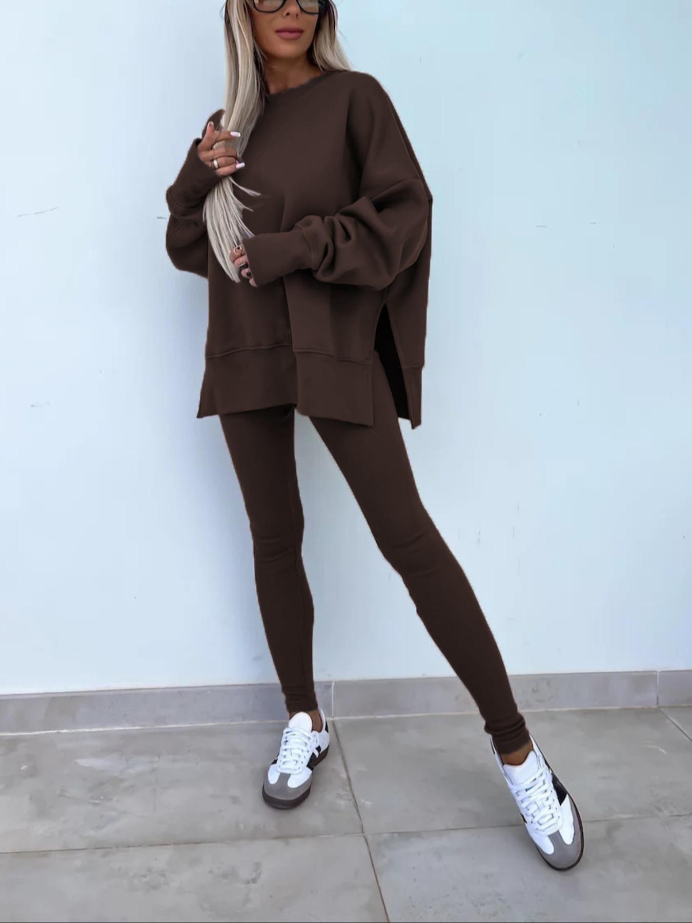 Women's Solid Drop Shoulder Split Hem Sporty Round Neck Sweatshirt & Pants Two-piece Set, Sweatsuit Matching Set, Casual Fashion Cozy Breathable Outfits for Daily Outdoor Wear, Ladies Sportswear for All Seasons