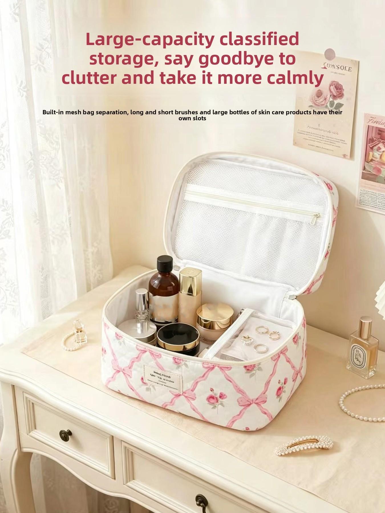 Pink rose bow quilted cosmetic bag set, multi-size cosmetic bag, suitable for daily and travel storage