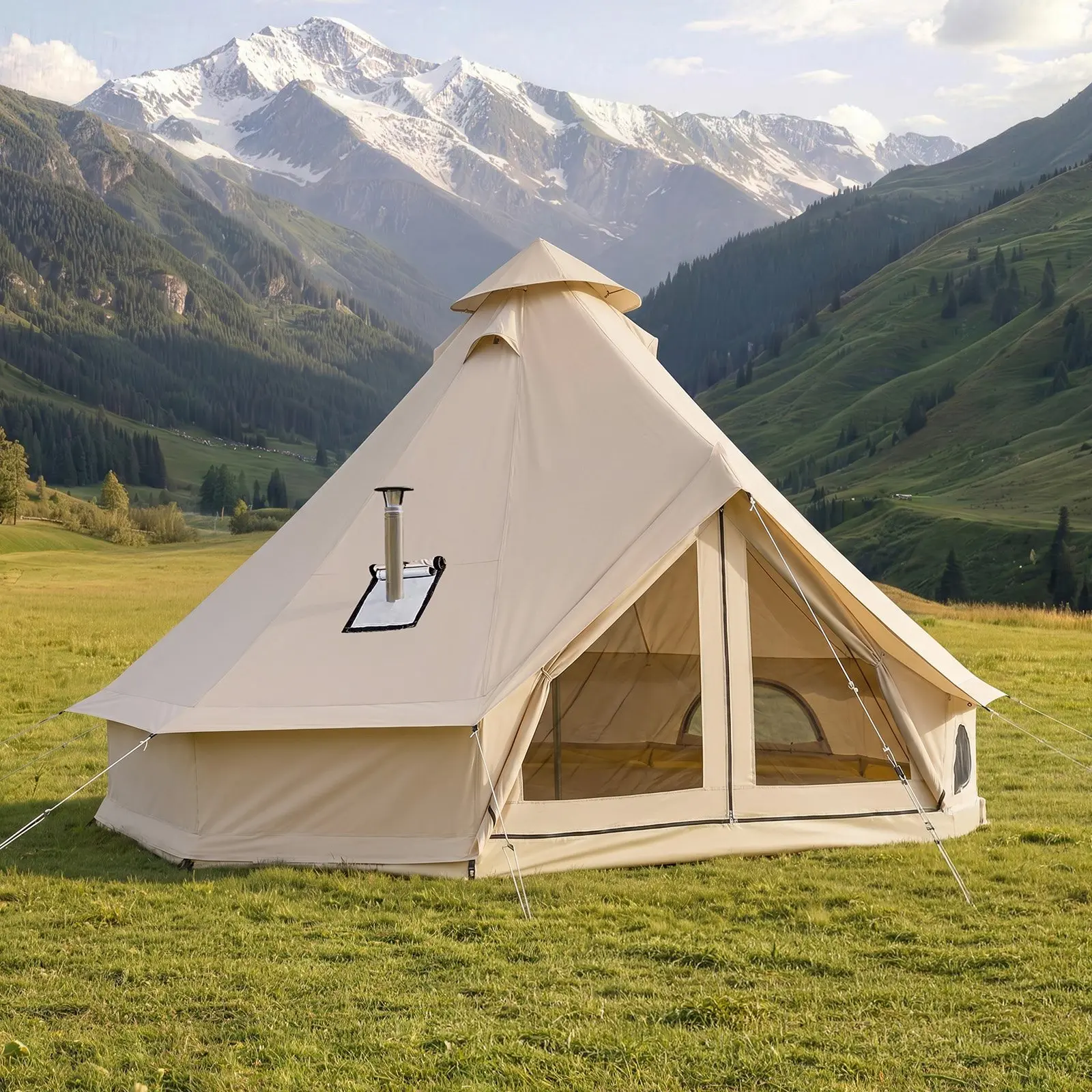 VEVOR Oxford Fabric Bell Tent, 4-Season 9.84ft Diameter Yurt Tent with Stove Jack, Breathable Mesh, Waterproof Zipped Detachable Floor, Holds 3 Ppl for Family Camping Glamping