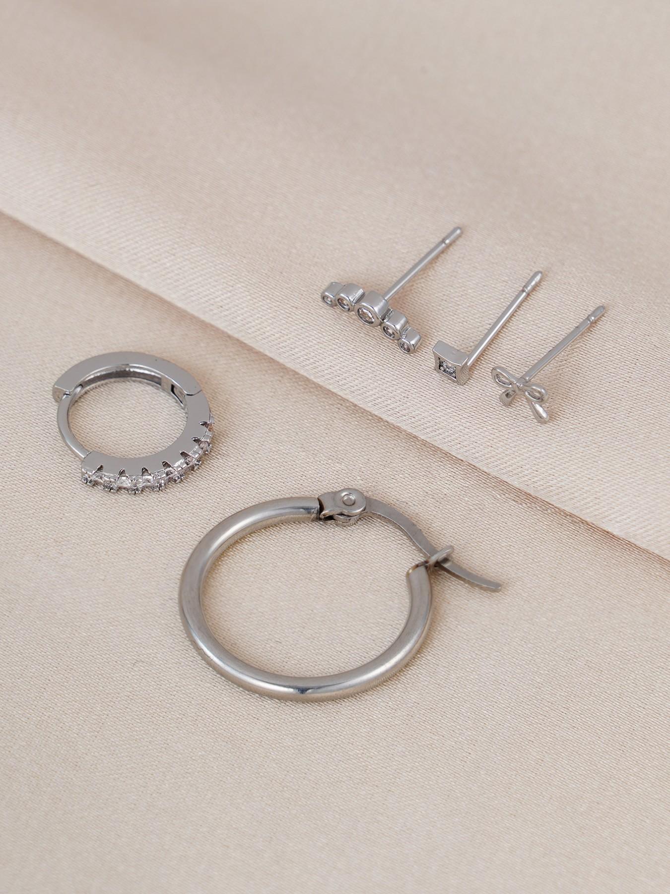 Women's Silver Color Bow Earrings Set, Perfect for Daily Wear & Music Festivals, Stylish Stackable Jewelry Accessories