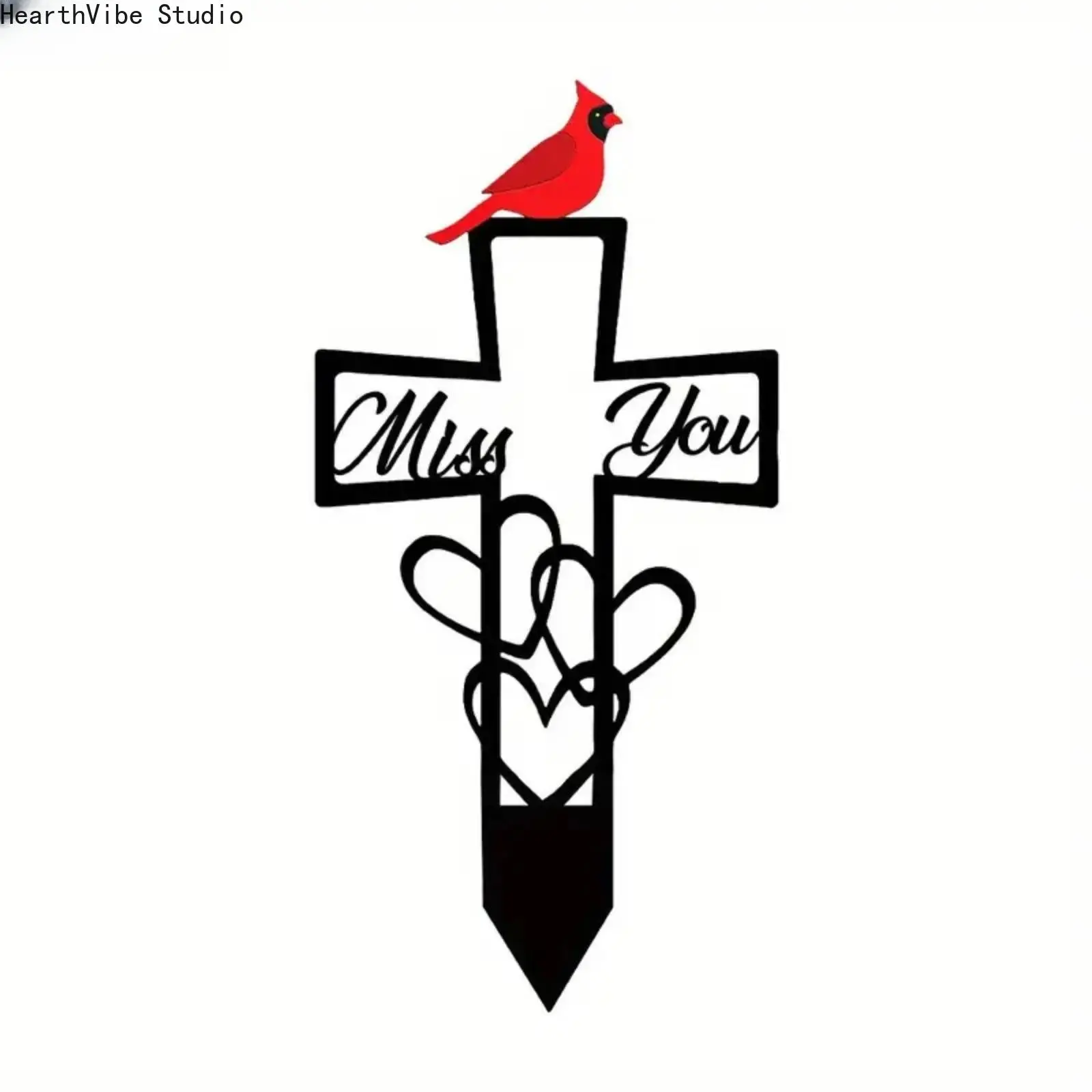 Metal Cross Memorial Stake with Red Cardinal, Miss You Bereavement Grave Marker, Rustproof Sympathy Remembrance Plaque for Cemetery Garden Yard Outside Funeral Gift