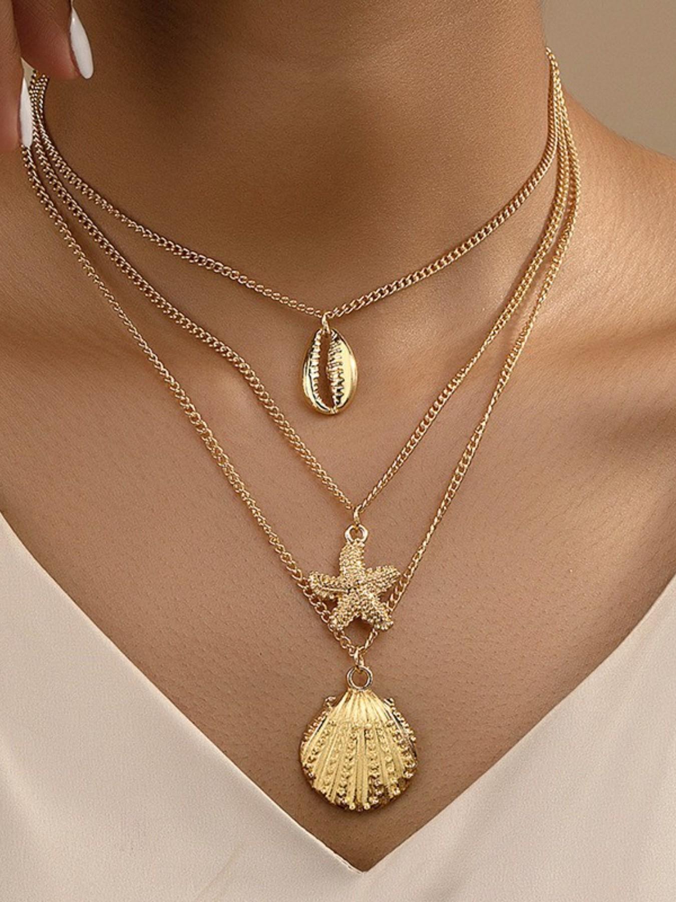 Boho Three-Layer Ocean Element Necklace Set, Gold Beach Summer Versatile Women's Collarbone Chain, Daily Casual Accessory