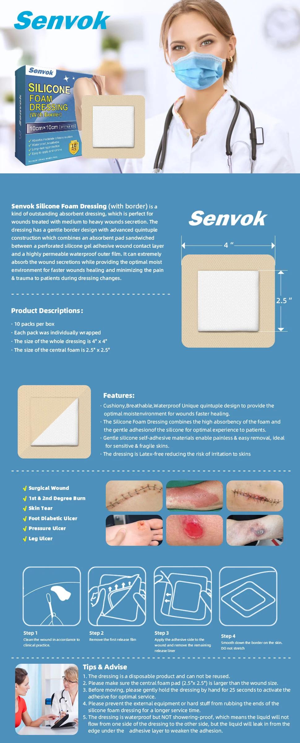 Senvok Medical-Grade Silicone Foam Dressing10x10cm Ultra Absorbent Waterproof BreathableLatex-Free Sterile 10 Pack for Pressure UlcersDiabetic & Chronic Wounds -Healthcare