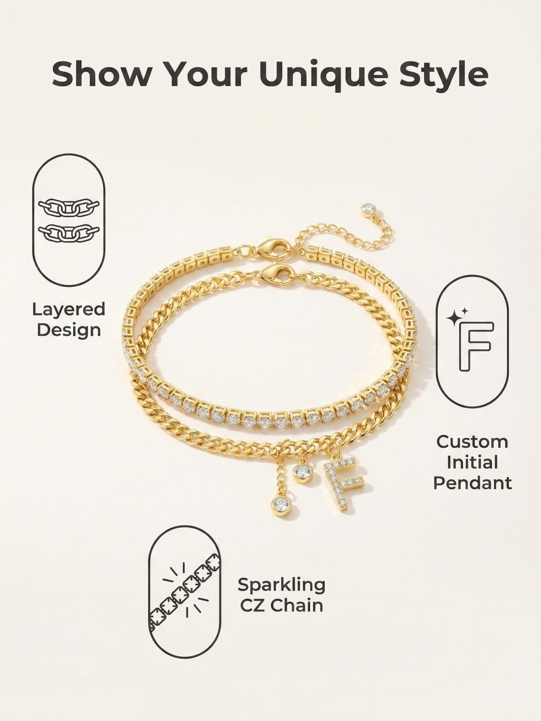 2-Piece Initial Letter Ankle Bracelet Set, Boho Style, Adjustable, Hypoallergenic, Waterproof, Fashionable Jewelry for Girls