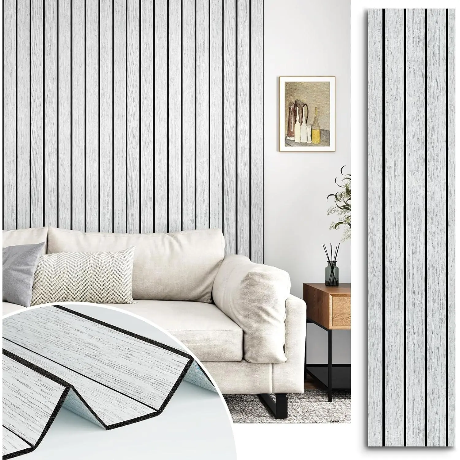 Slat Panel for Interior Wall Decor Textured  Walls Paneling | Self Adhesive Soundproof Peel and Stick Wooden Slats Wall Panel for Bedroom Bathroom Living Room 118"x 11.8" White/Grey