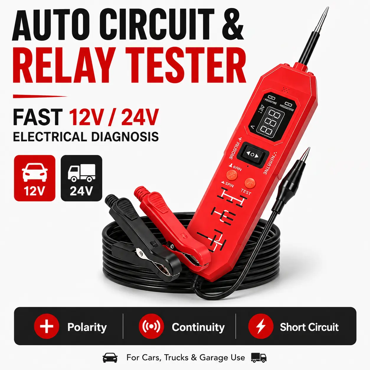 12V/24V Automotive Circuit & Relay Tester with Electrical Diagnostic Probe, Voltage Polarity, Continuity & Short Circuit Detection Tool for Cars, Trucks and Auto Repair