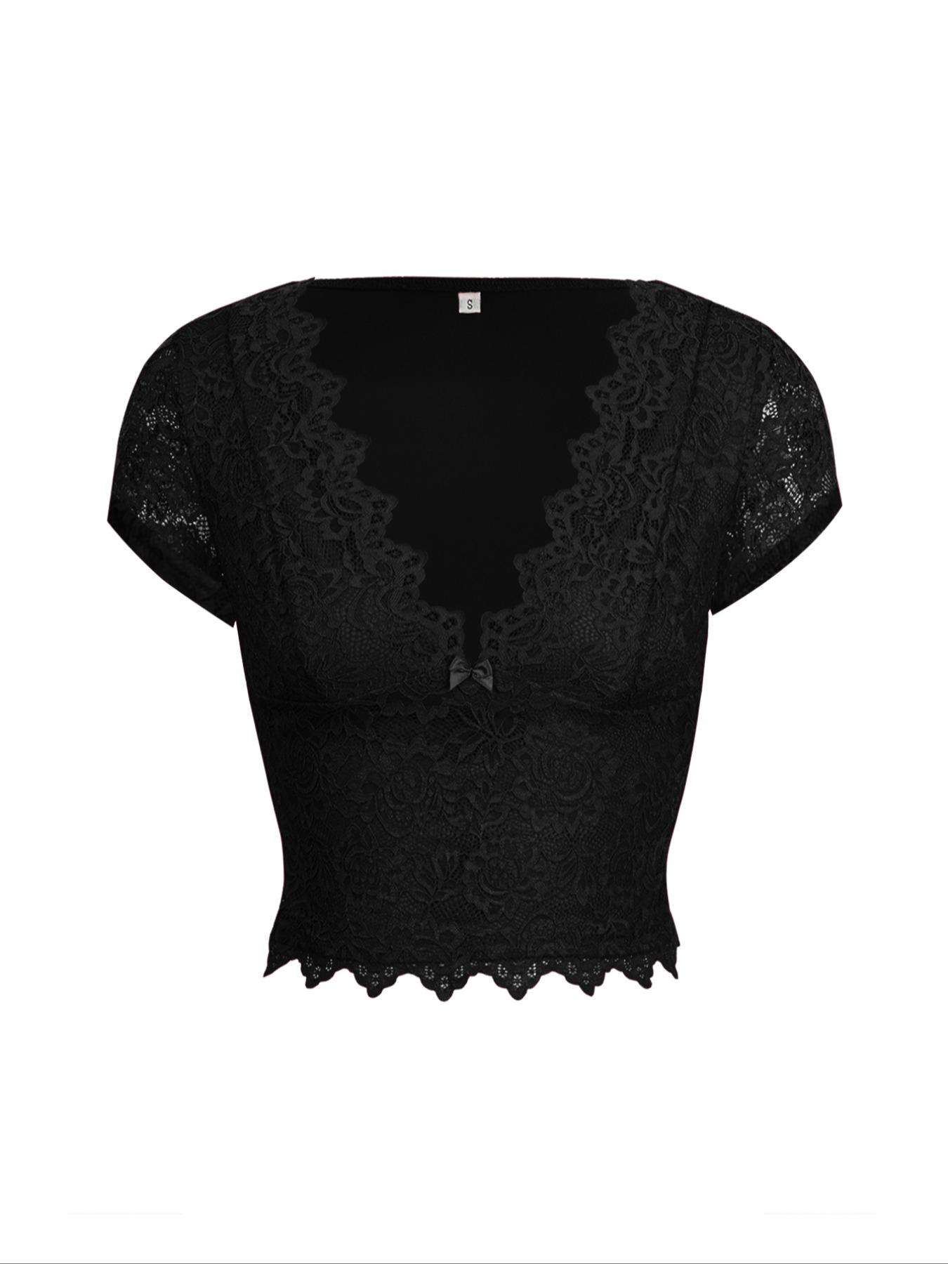 Spring Summer Y2K Sexy Slim Fit V Neck Lace Patchwork Bow Hollow Out Short Sleeve T-Shirt, Women's Fashion Casual Top Womenswear