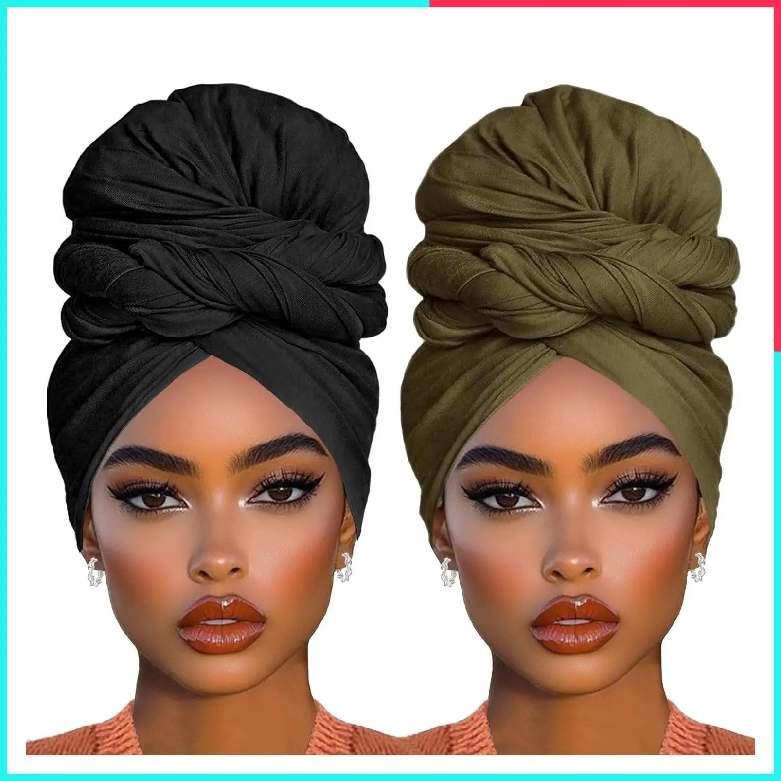 2 Piece Stretch Jersey Turban Head Wraps for Women, Ultra Soft Extra Long Lightweight Breathable Headbands, African Fashion Head Scarf (Black+Army Green)