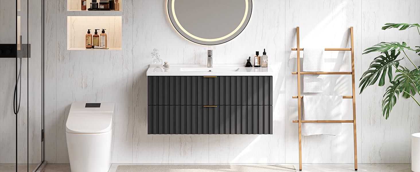 【SPOTLIGHT DAY】ONBRILL Bathroom Vanity with Sink Combo, Floating Bathroom Vanity with 2 Fluted Drawers & Metal Handle, Modern Wall Mount Storage Cabinet with Ceramic Integrated Sink for Small Space