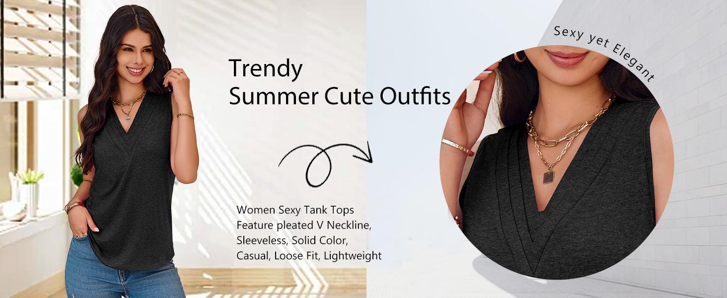 Cicy Bell Women V Neck Tank Tops Dressy Casual Summer Loose Fit Sleeveless Shirts Blouse Comfy Womenswear Soft Basic