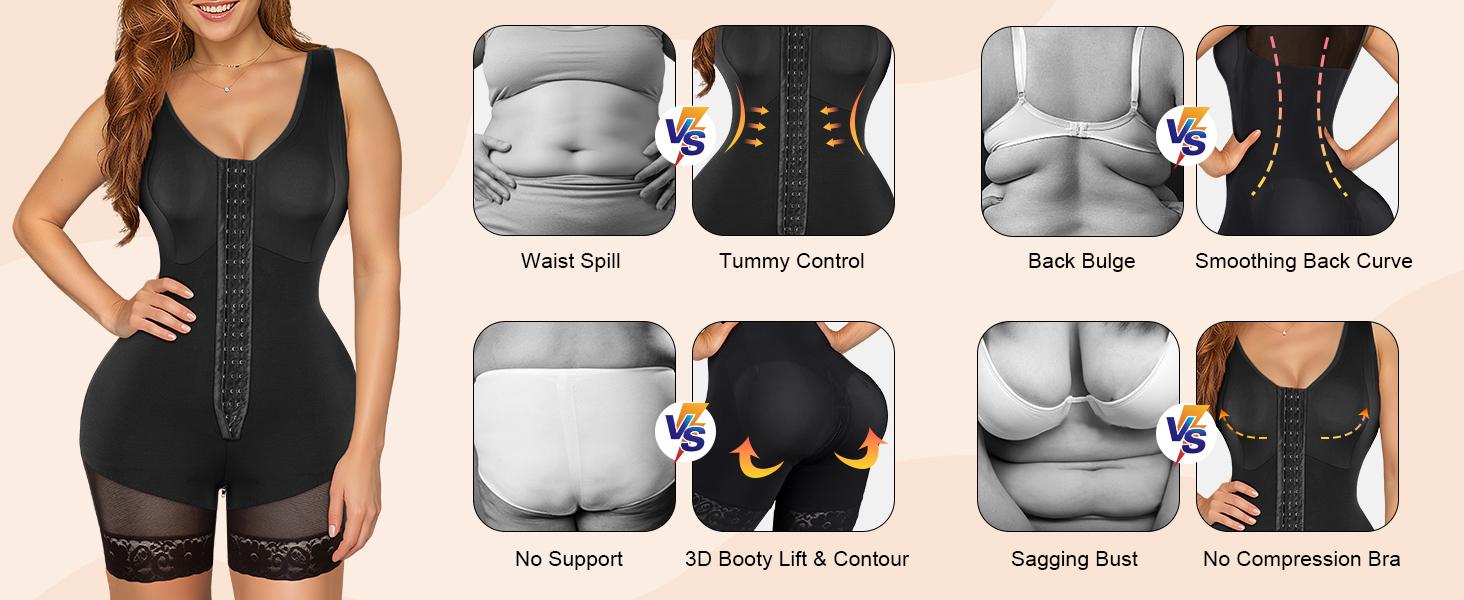 EOMENIE Women's Fajas Colombianas Shapewear Tummy Control Full Shapewear Butt Lifter with Zipper Crotch Hooks & Eyes Closure Anti-Roll Silicone Strips Adjustable Fit