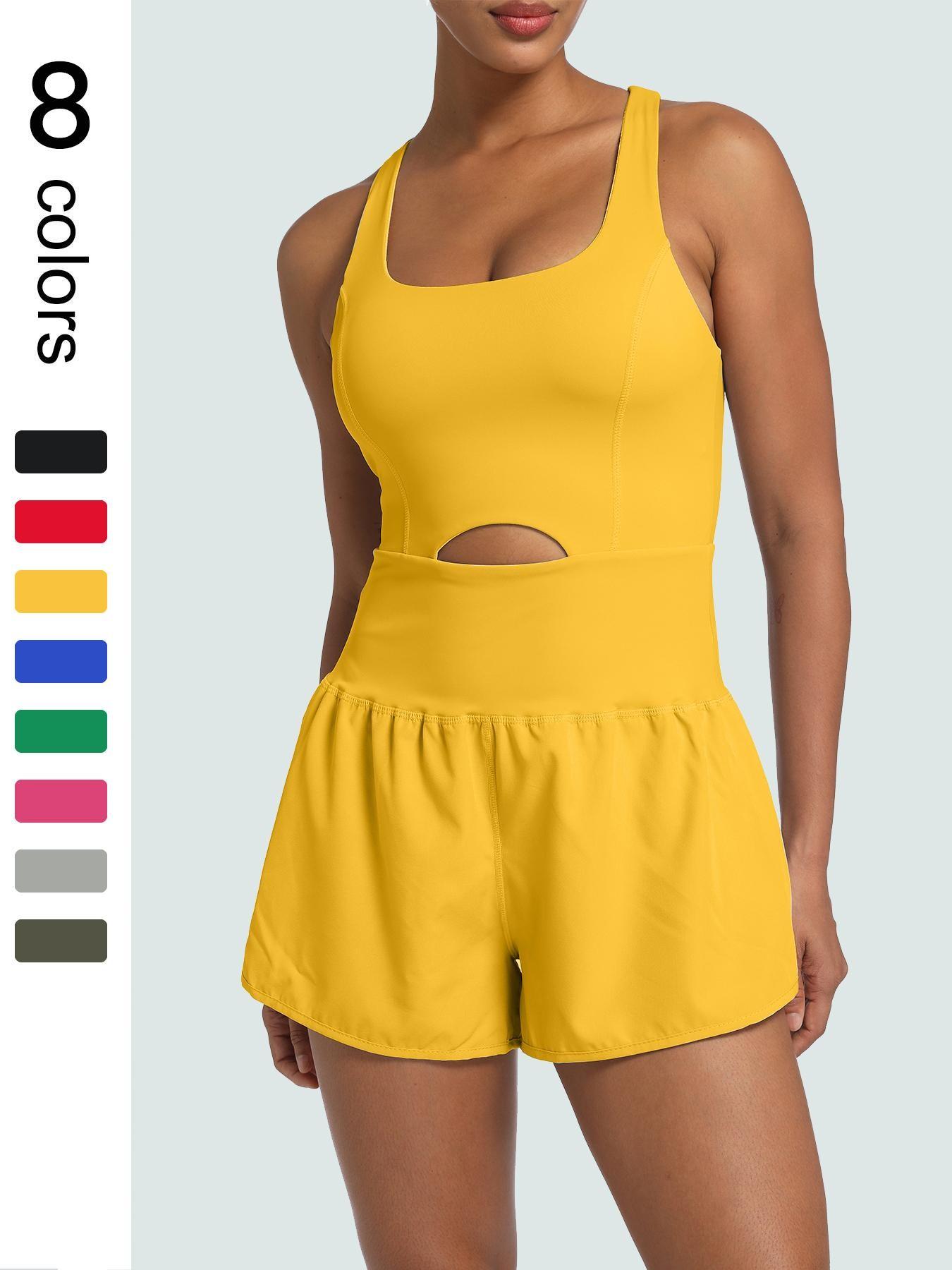 Women's Solid Color Cut Out Sports Romper, Sporty Romper, Casual Sleeveless Tank Romper, High Waisted Romper, Elastic Waist Romper, Workout Rompers, Exercise Rompers, Athletic Rompers for Yoga Gym Workout, Ladies Sportswear for All Seasons, Yoga Jumpsuits