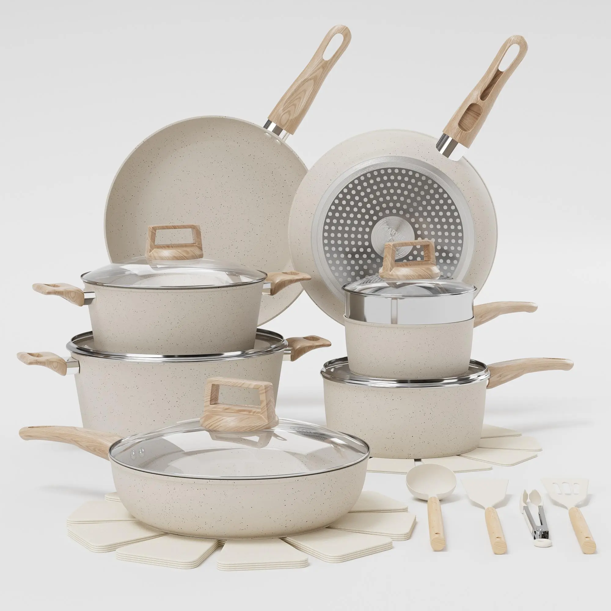 21-in-1 Aluminum Non-Stick Anti-Adhesive Cookware Set - Frying Pots, Pans, Steamer, Utensils, Induction Ready, Glass Lids, Cool-Touch Handles, Lightweight, Dishwasher Safe for Home Style Cooking